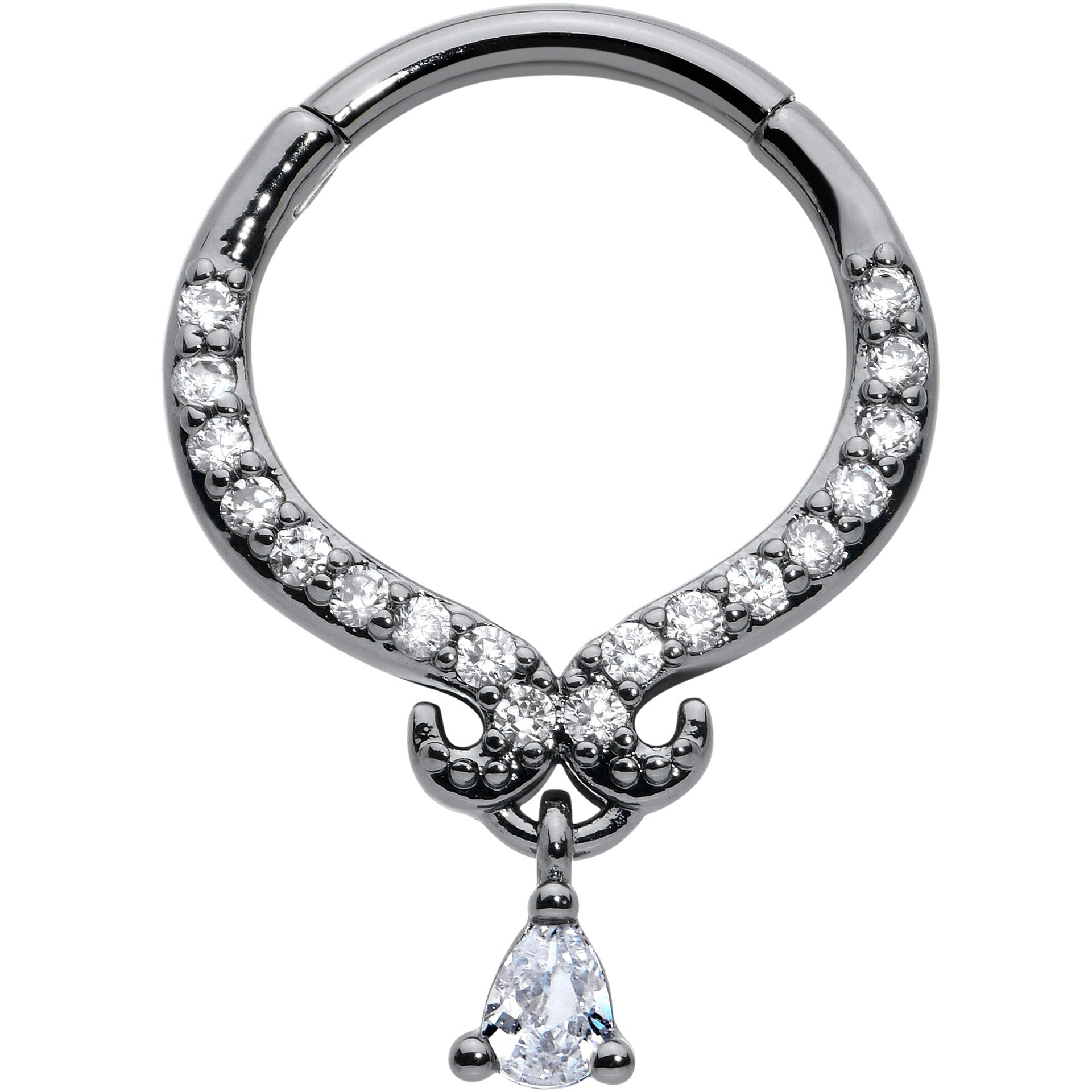 16G 3/8 Clear CZ Gem Black Elegant Curves Hinged Segment Ring