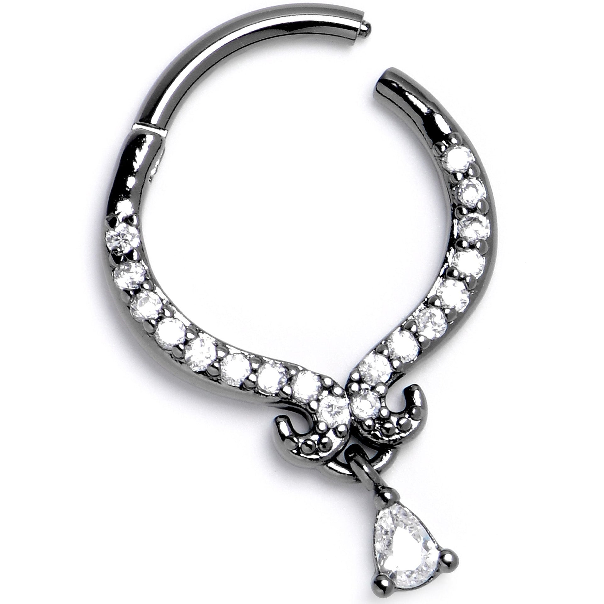 16G 3/8 Clear CZ Gem Black Elegant Curves Hinged Segment Ring