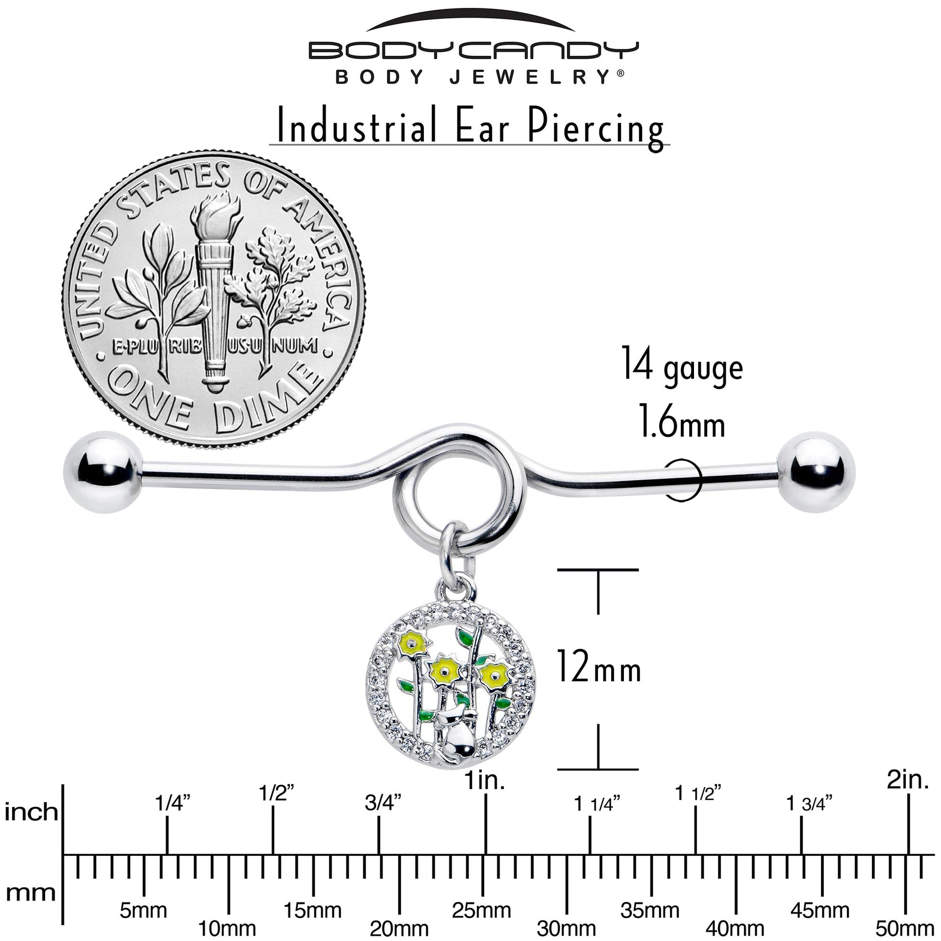 14G Clear Gem Cat Yellow Flowers Dangle Project Bar 38mm