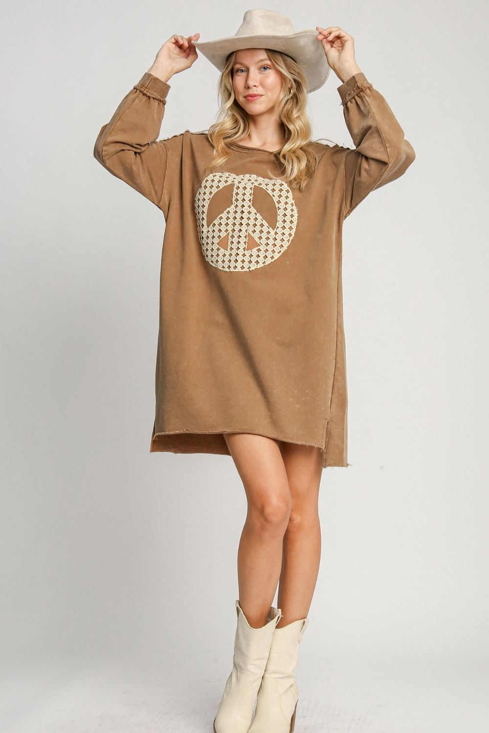 Lace Applique Frayed Hem French Terry Mini Dress in Brown