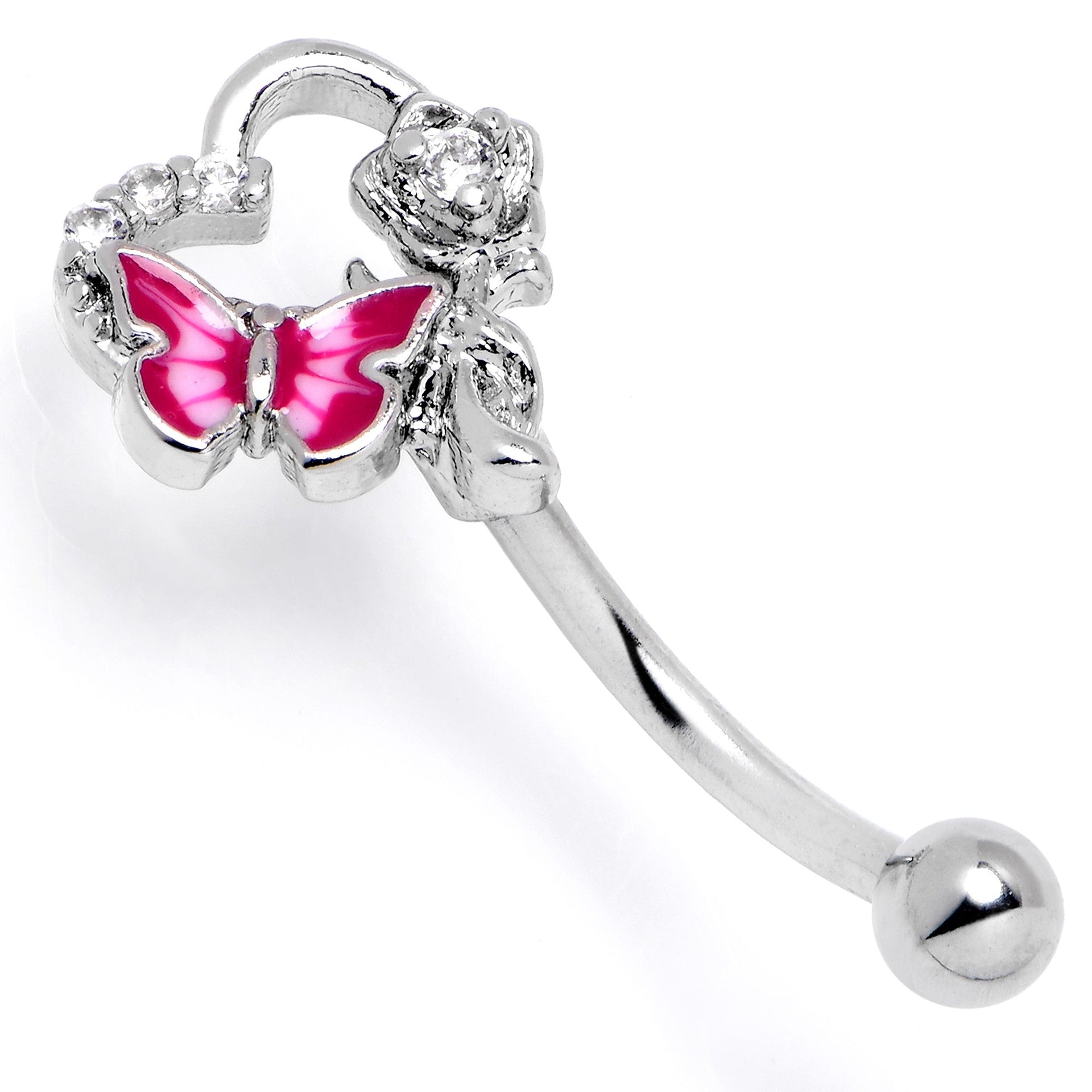 16G 5/16 Clear Gem Butterfly Rose Flower Pink Curved Eyebrow Ring