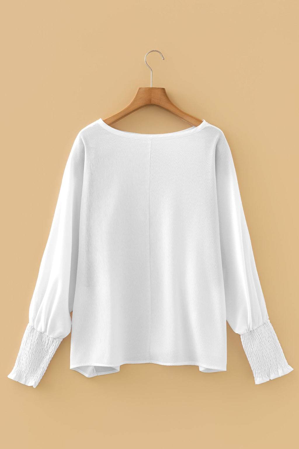 White Semi Sheer Long Sleeve Dolman Blouse with Smocked Cuffs