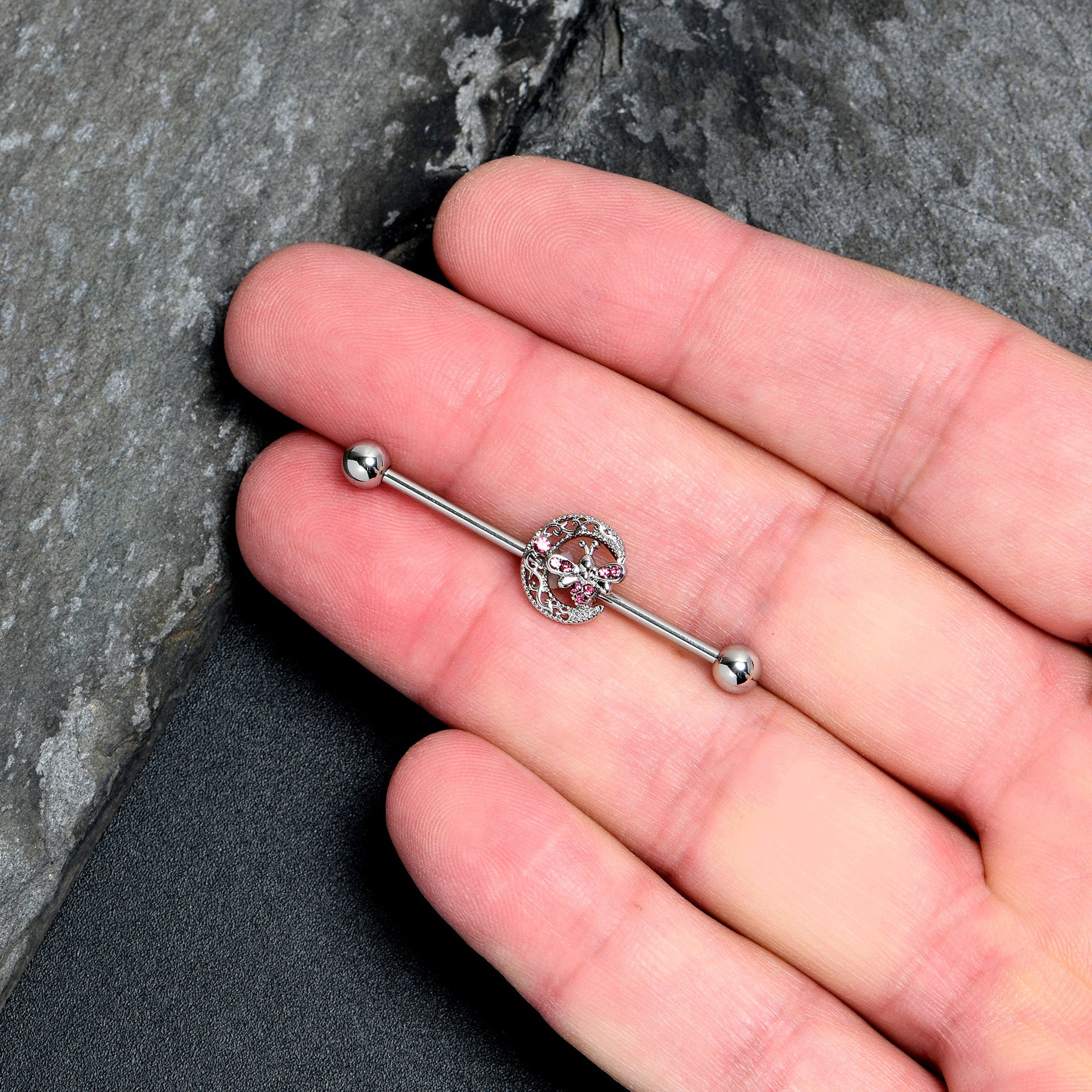 14G Pink Gem Lunar Dragonfly Industrial Barbell 38mm