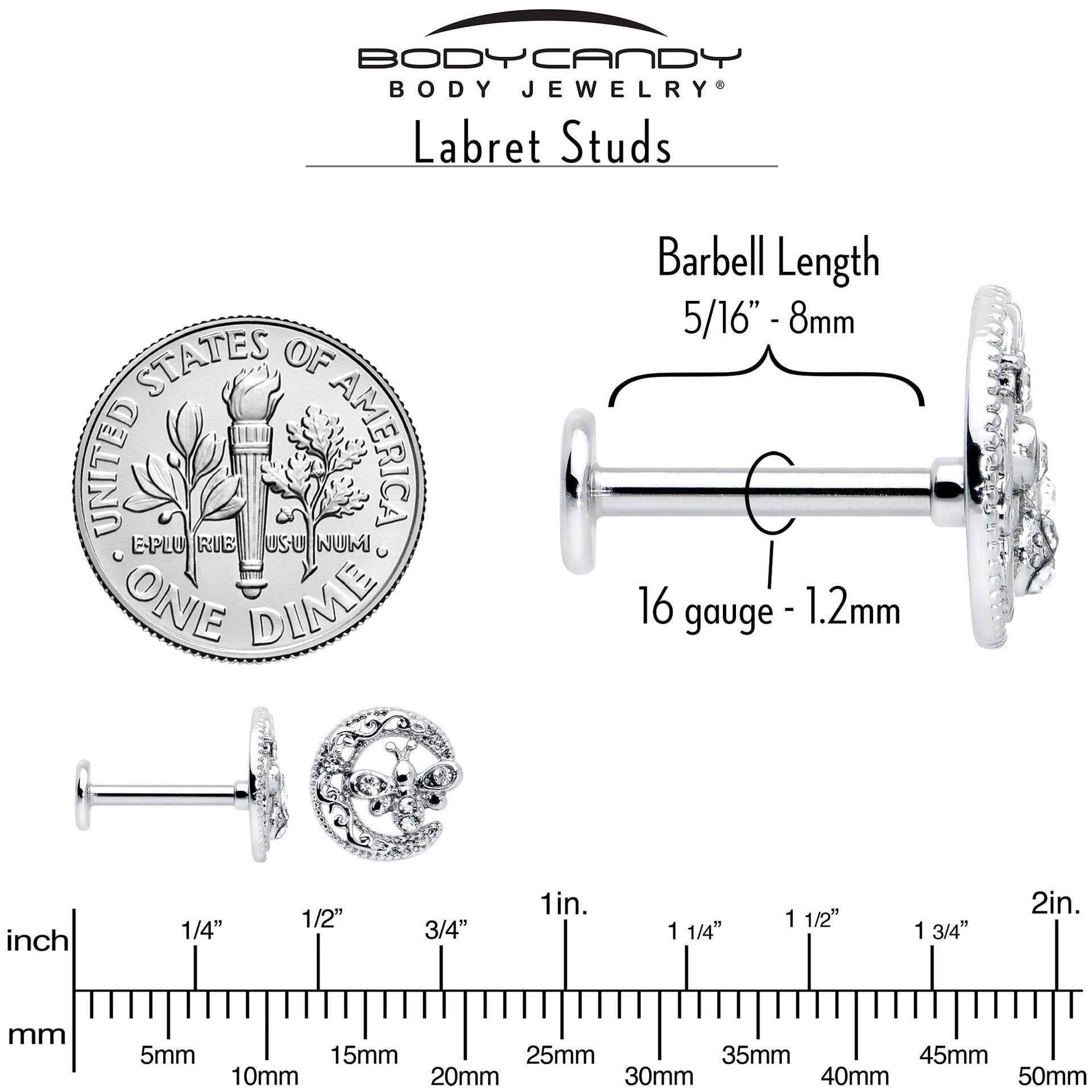 16G 5/16 Clear Gem Lunar Dragonfly Internally Threaded Labret Tragus