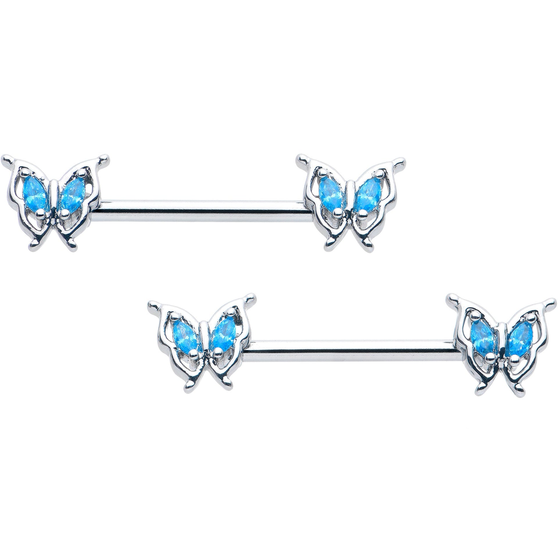 14G 9/16 Blue Gem Fancy Fab Butterfly Barbell Nipple Ring Set
