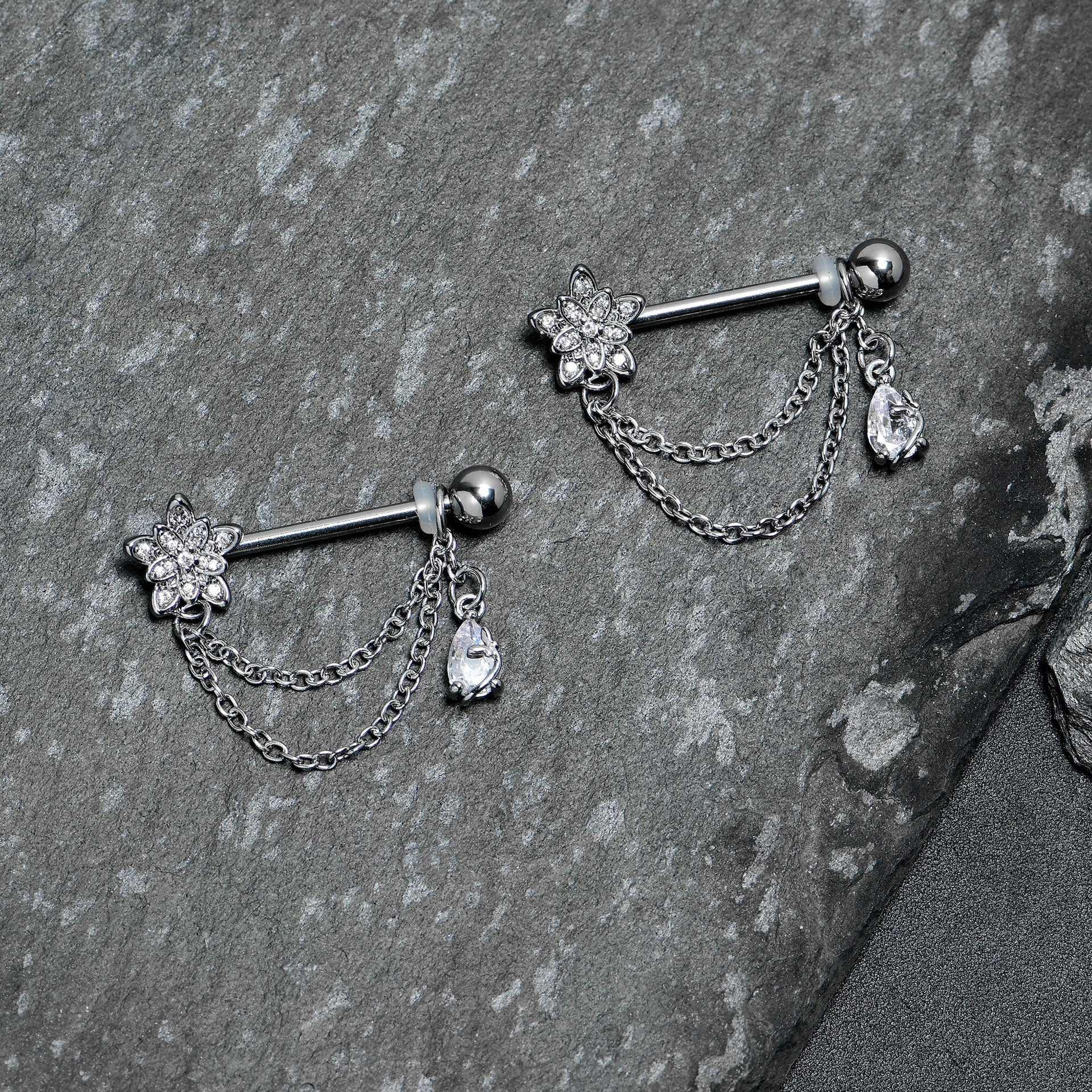 14G 9/16 Clear CZ Gem Snowflake Flower Chain Dangle Nipple Ring Set