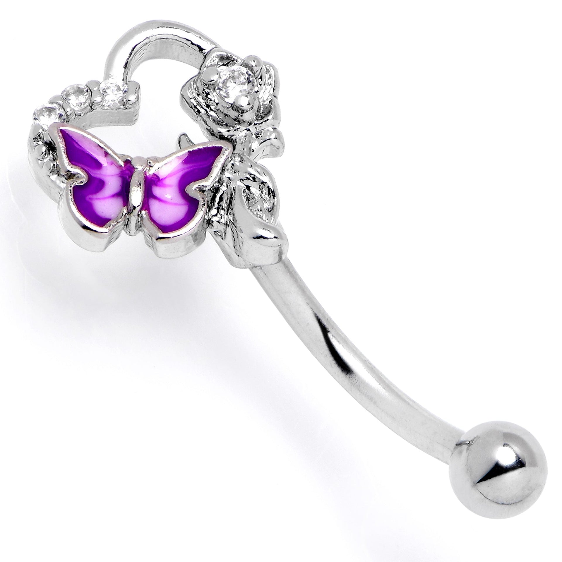 16G 5/16 Clear CZ Gem Butterfly Rose Purple Curved Eyebrow Ring