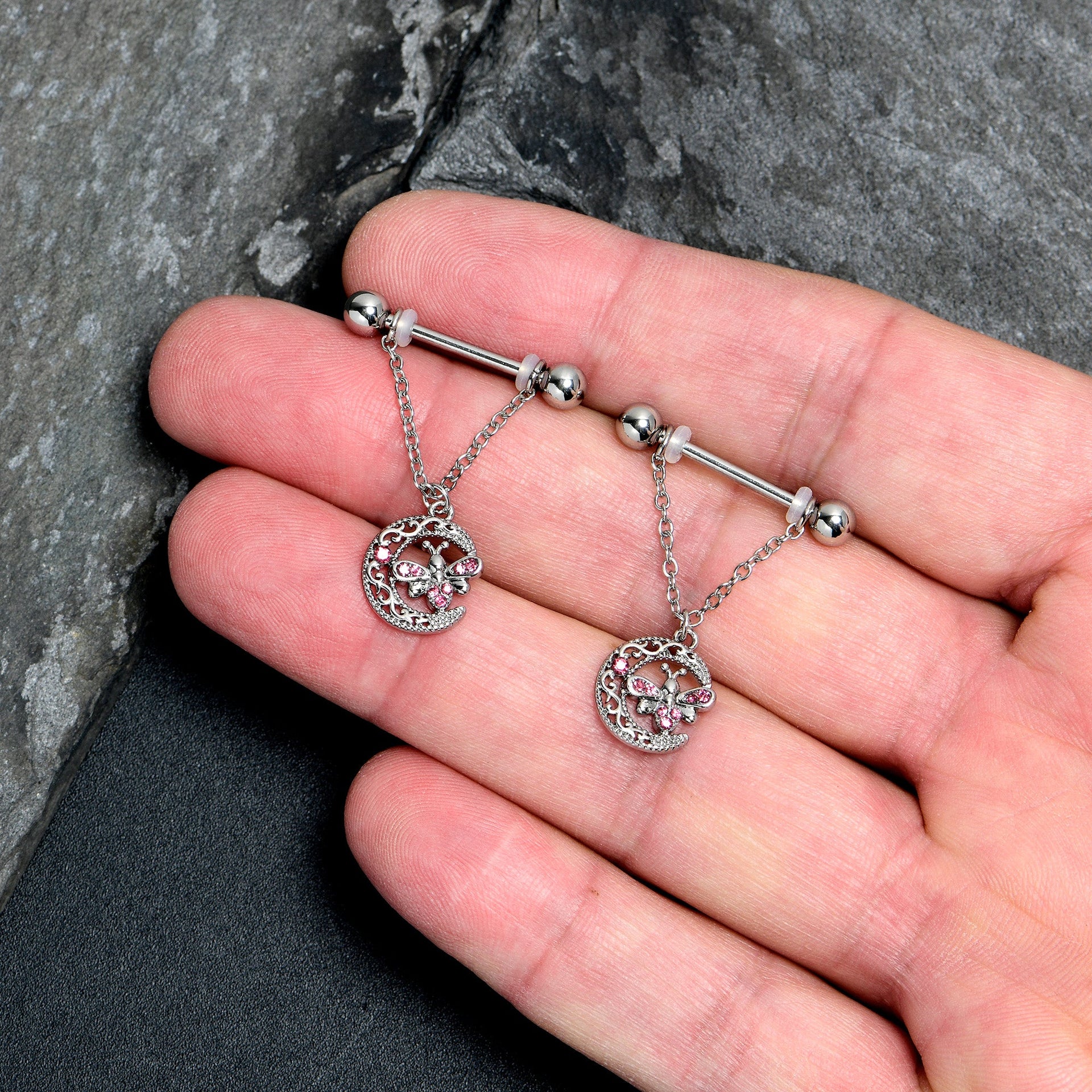 14G 9/16 Pink Gem Lunar Dragonfly Chain Dangle Nipple Ring Set