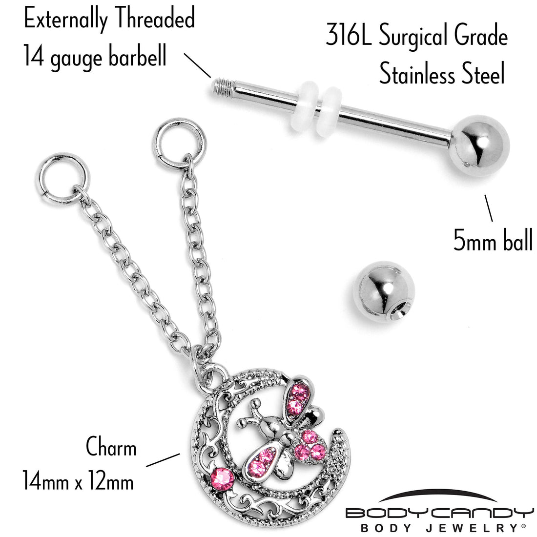 14G 9/16 Pink Gem Lunar Dragonfly Chain Dangle Nipple Ring Set
