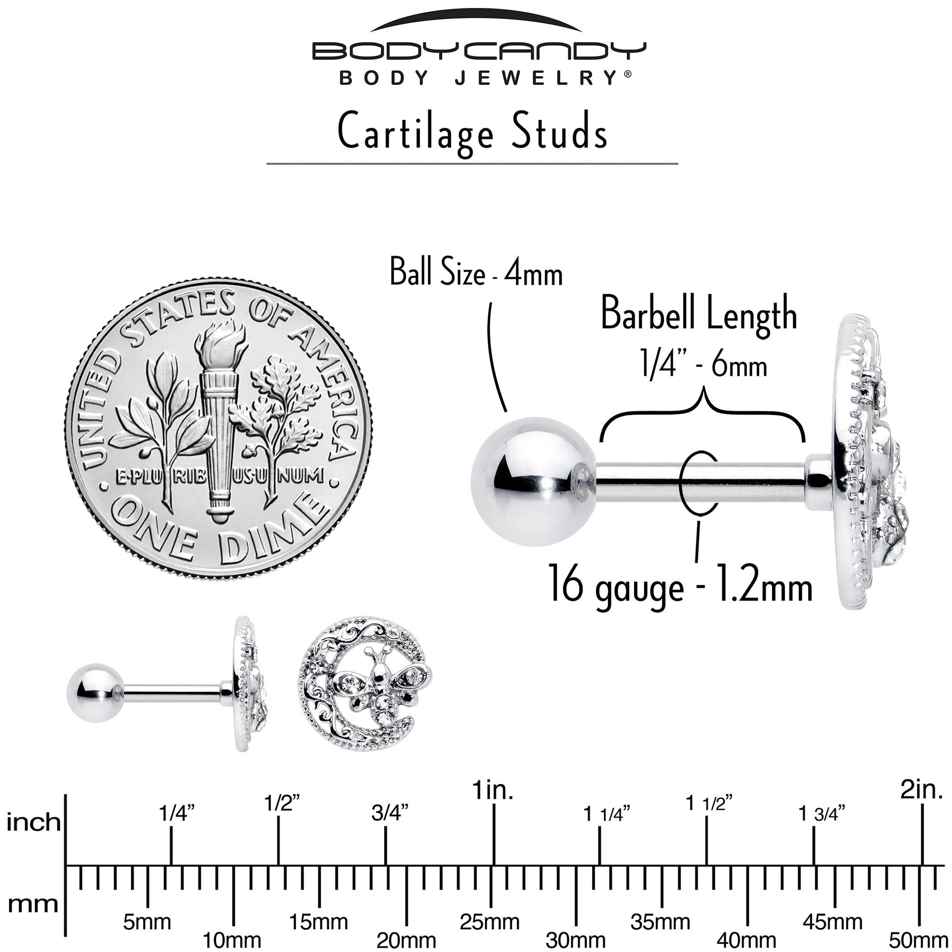 16G 1/4 Clear Gem Lunar Dragonfly Cartilage Tragus Earring