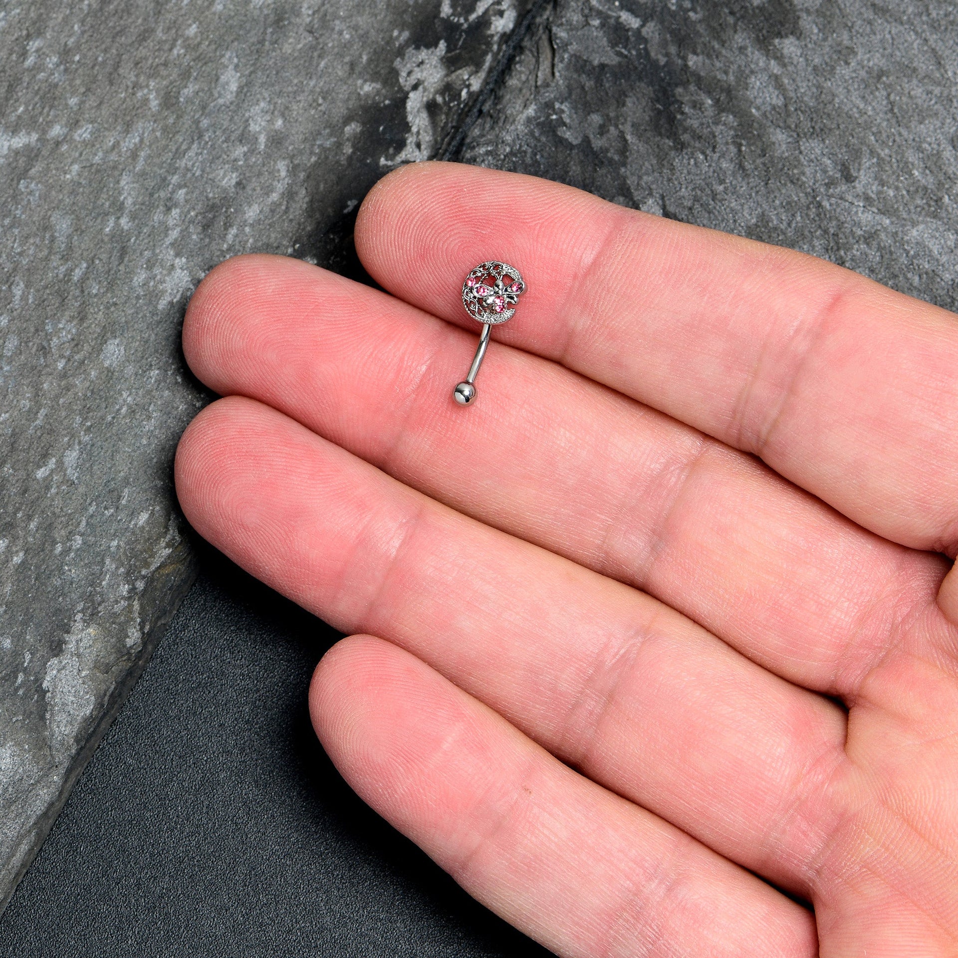 16G 5/16 Pink Gem Lunar Dragonfly Curved Eyebrow Ring