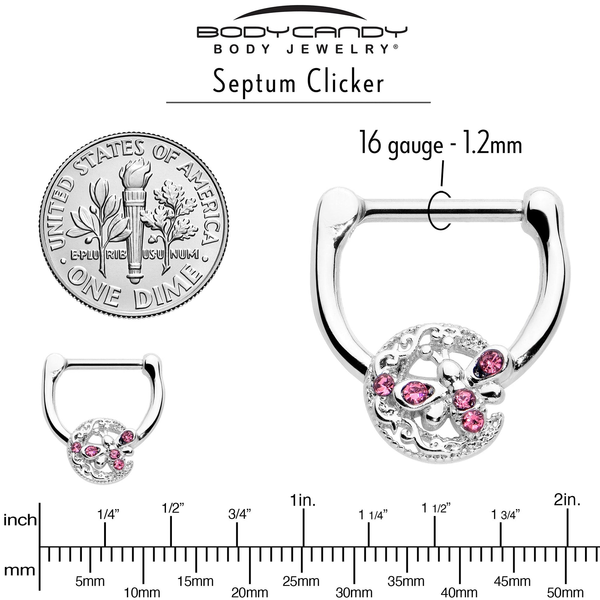 16G 5/16 Pink Gem Lunar Dragonfly Cartilage Clicker