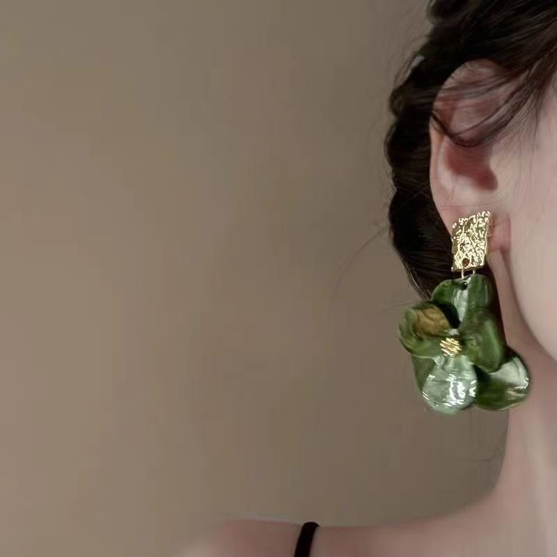 925 Silver Needle Acrylic Flower Earrings, Forest Retro French Style