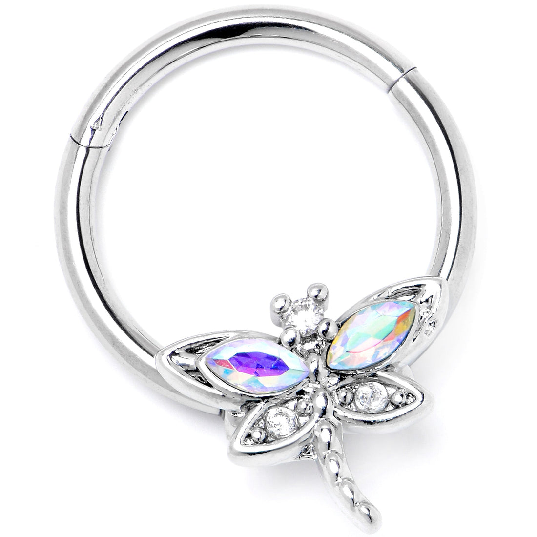 16G 3/8 Aurora CZ Gem Understated Dragonfly Hinged Segment Ring