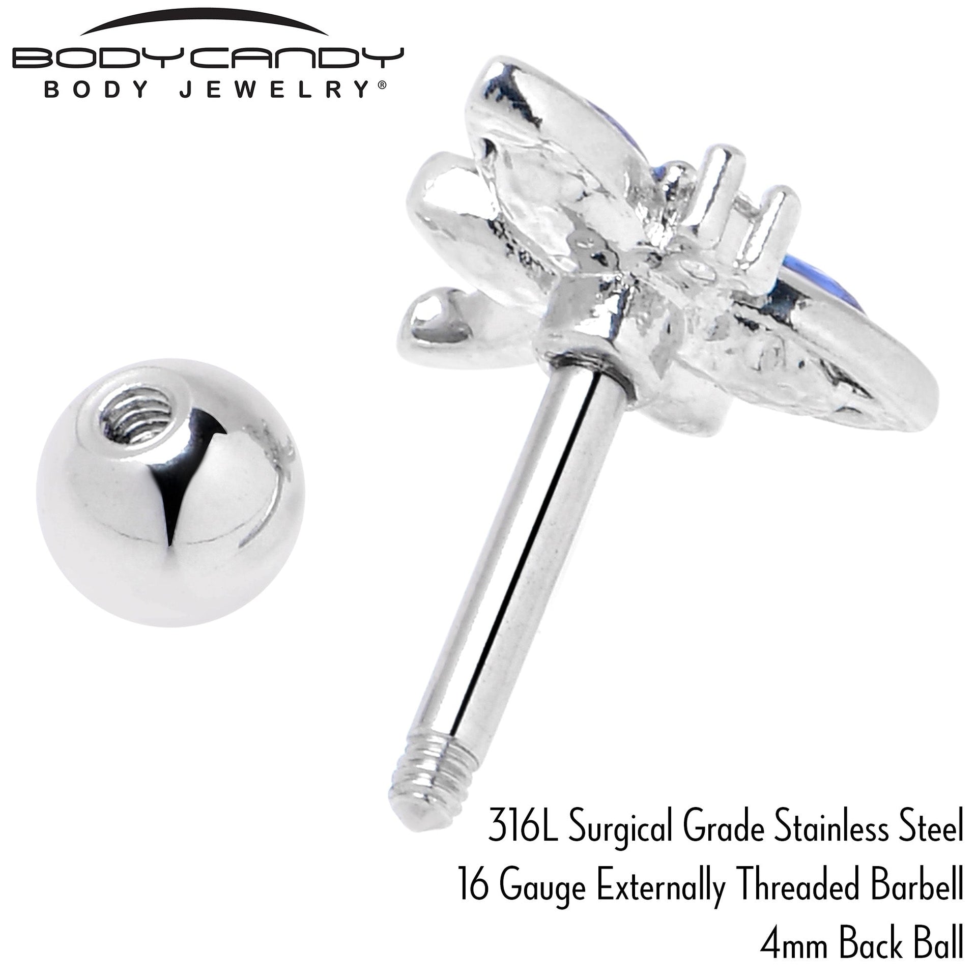 16G 1/4 Blue CZ Gem Dragonfly Style Cartilage Tragus Earring