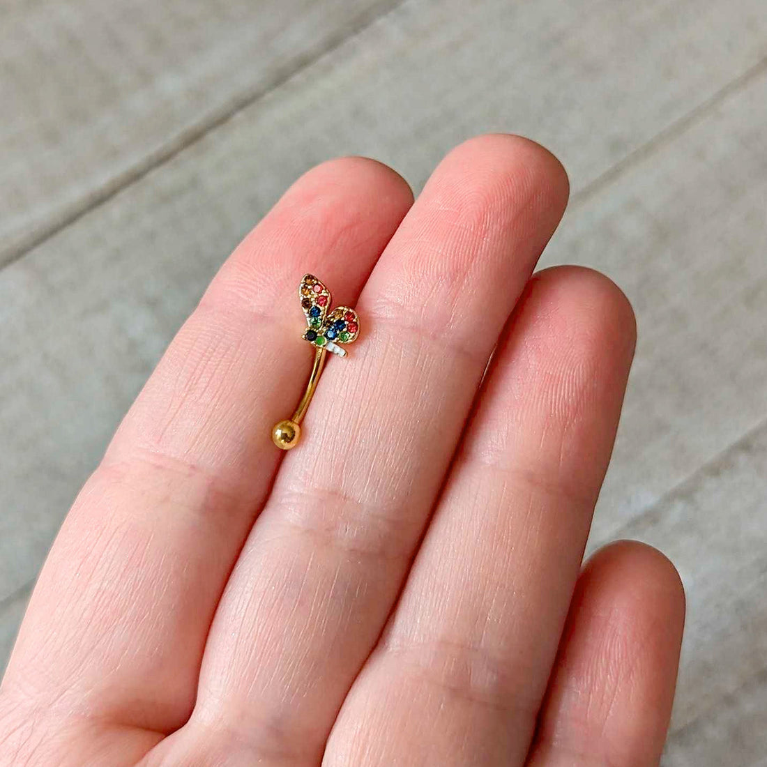 16G 5/16 Red Blue Gem Gold Tone Butterfly Curved Eyebrow Ring