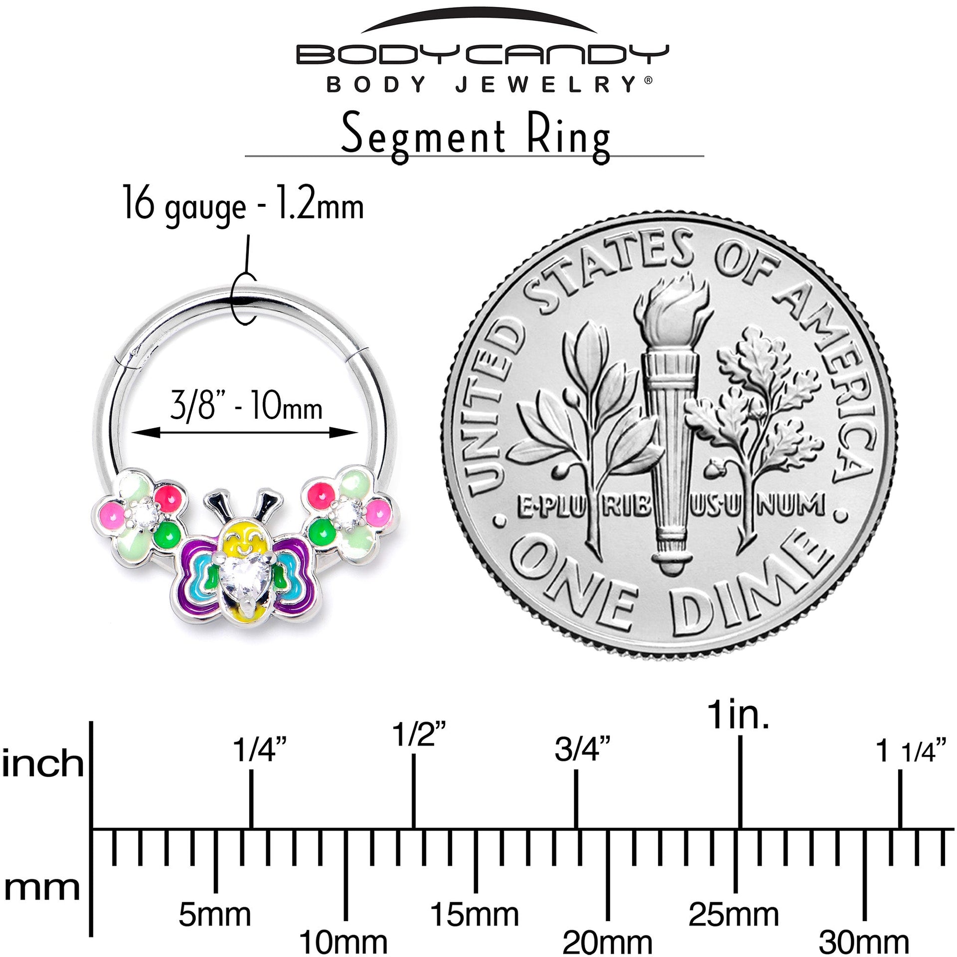16G 3/8 Clear CZ Gem Butterfly Love Bug Hinged Segment Ring