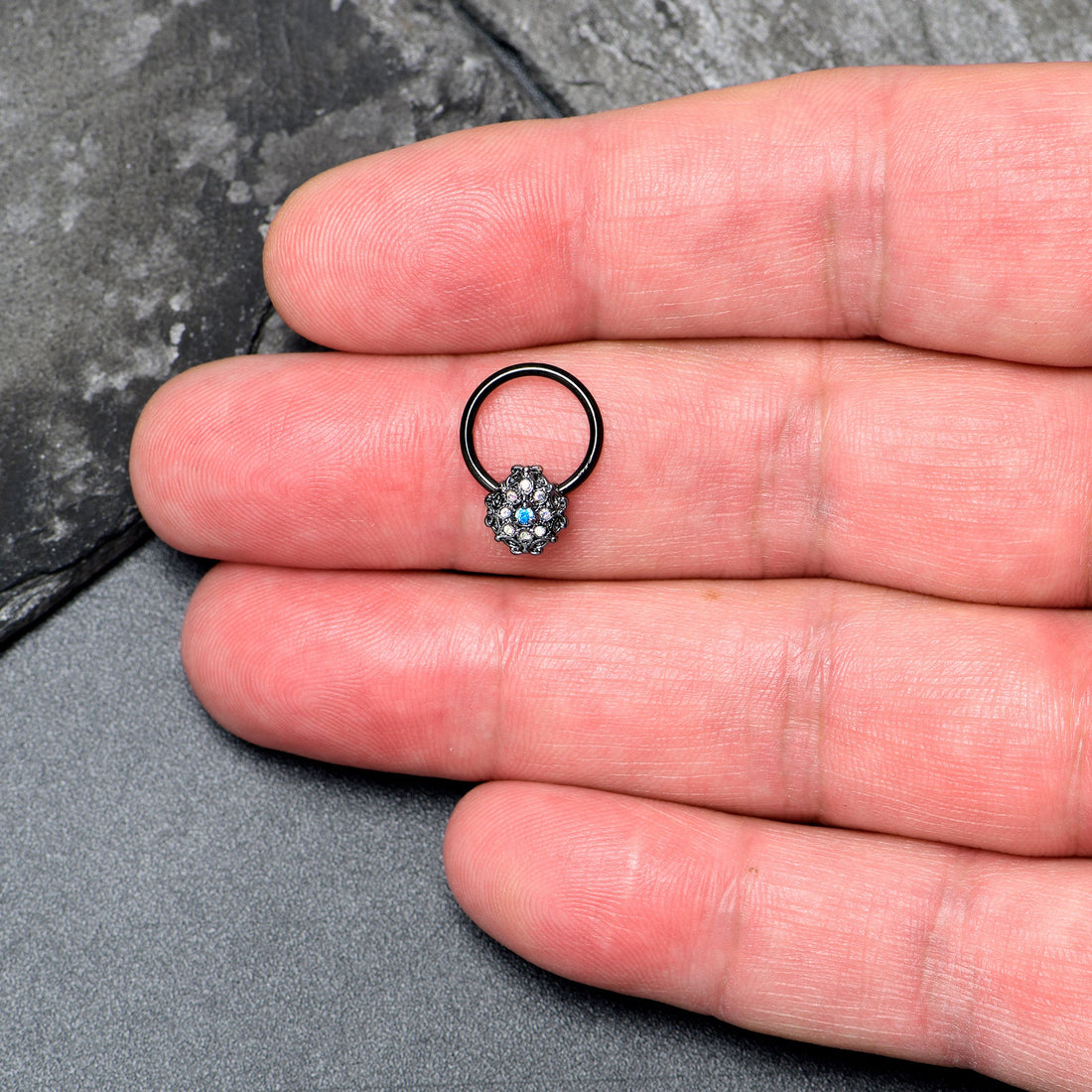 16G 3/8 Blue Aurora Gem Black Night Blossom BCR Captive Ring