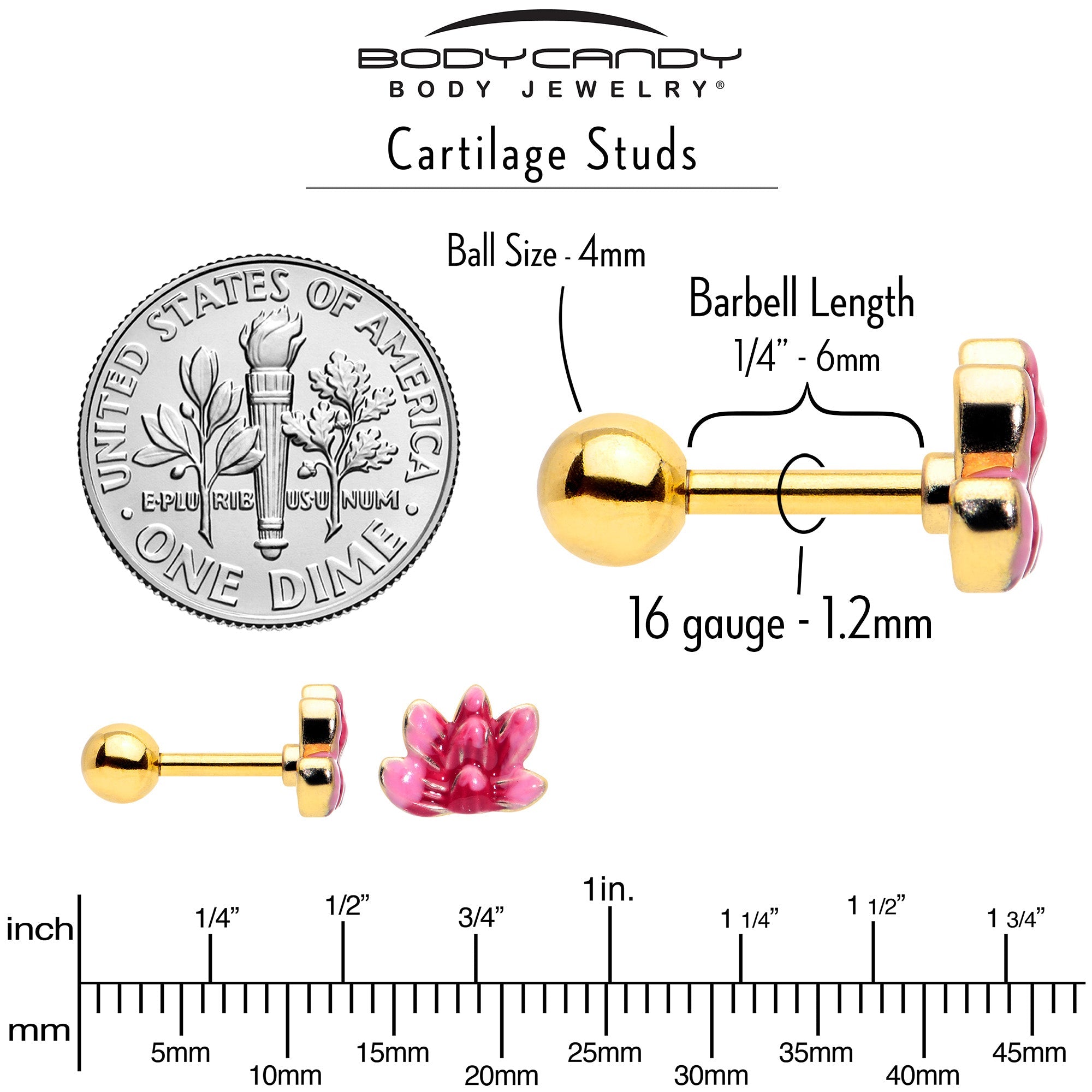 16G 1/4 Clear Gem Gold Tone Ladybug Lotus Cartilage Set of 3