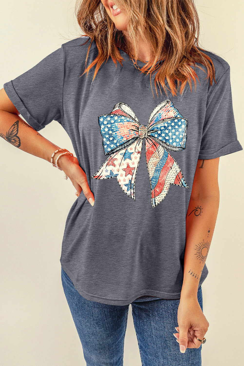 Gray USA Flag Bow Print Round Neck Loose T-Shirt