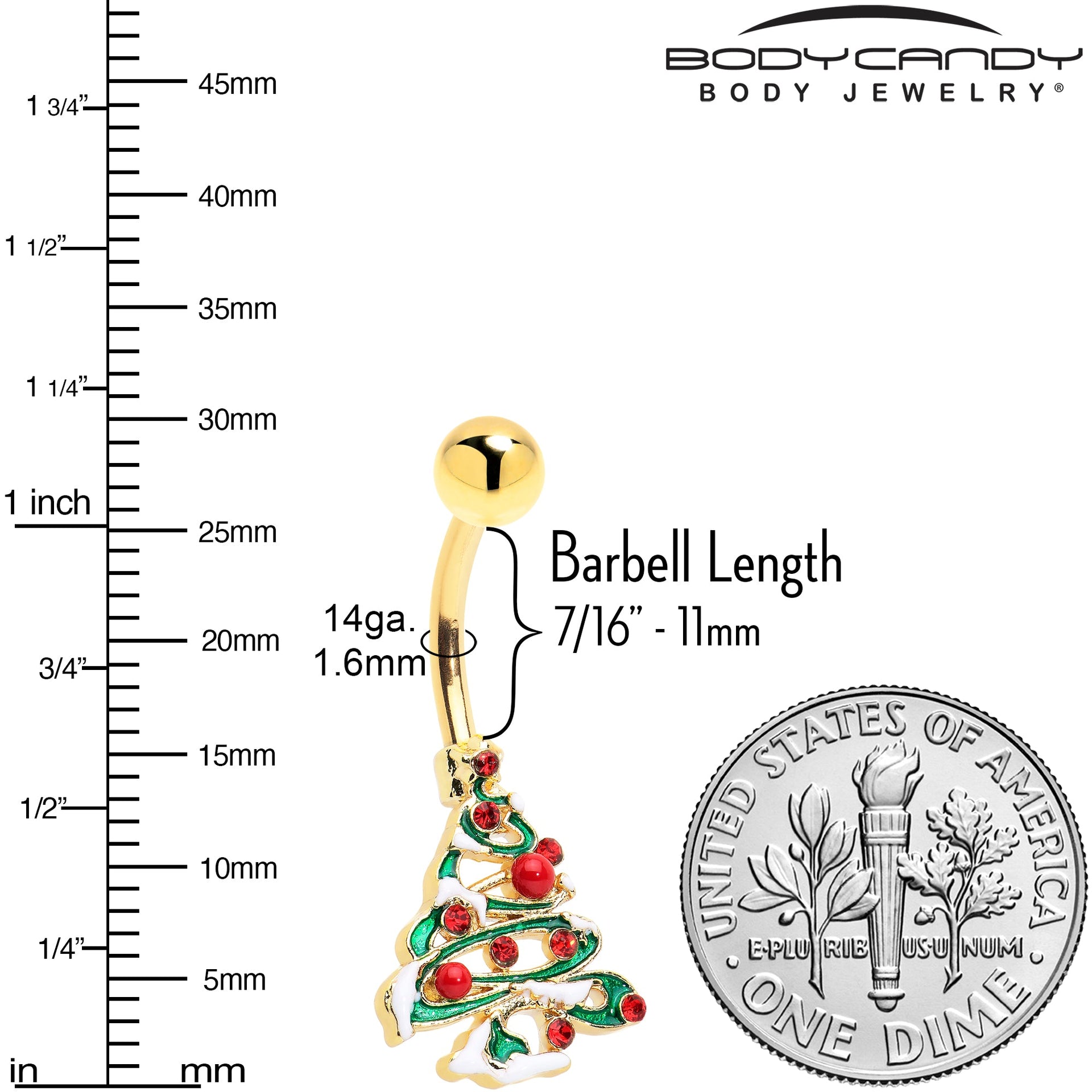 Red Gem Gold Tone Snowy Christmas Tree Holiday Belly Ring