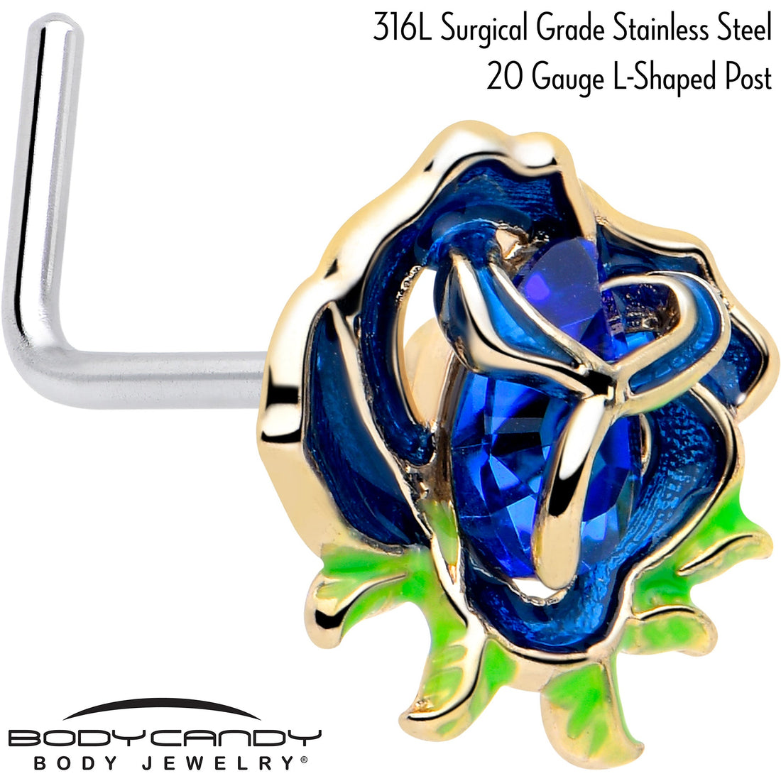 20G 7mm Deep Blue Flower L Shape Nose Ring