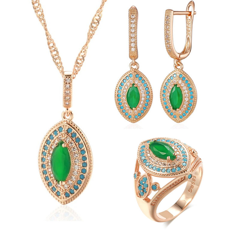 Vintage Botanical Emerald-Zircon Earrings and Ring Jewelry Set