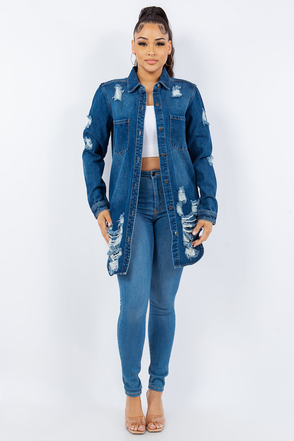 American Dark Blue Bazi Distressed Button Up Long Sleeve Jacket