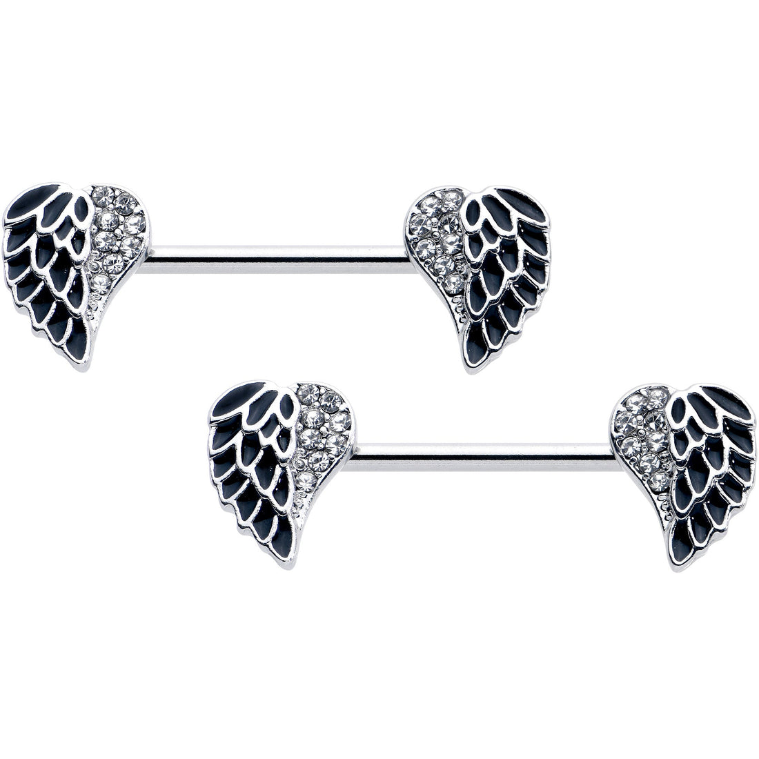 14G 9/16 Clear Gem Heavenly Heart Angel Wing Black Nipple Ring Set