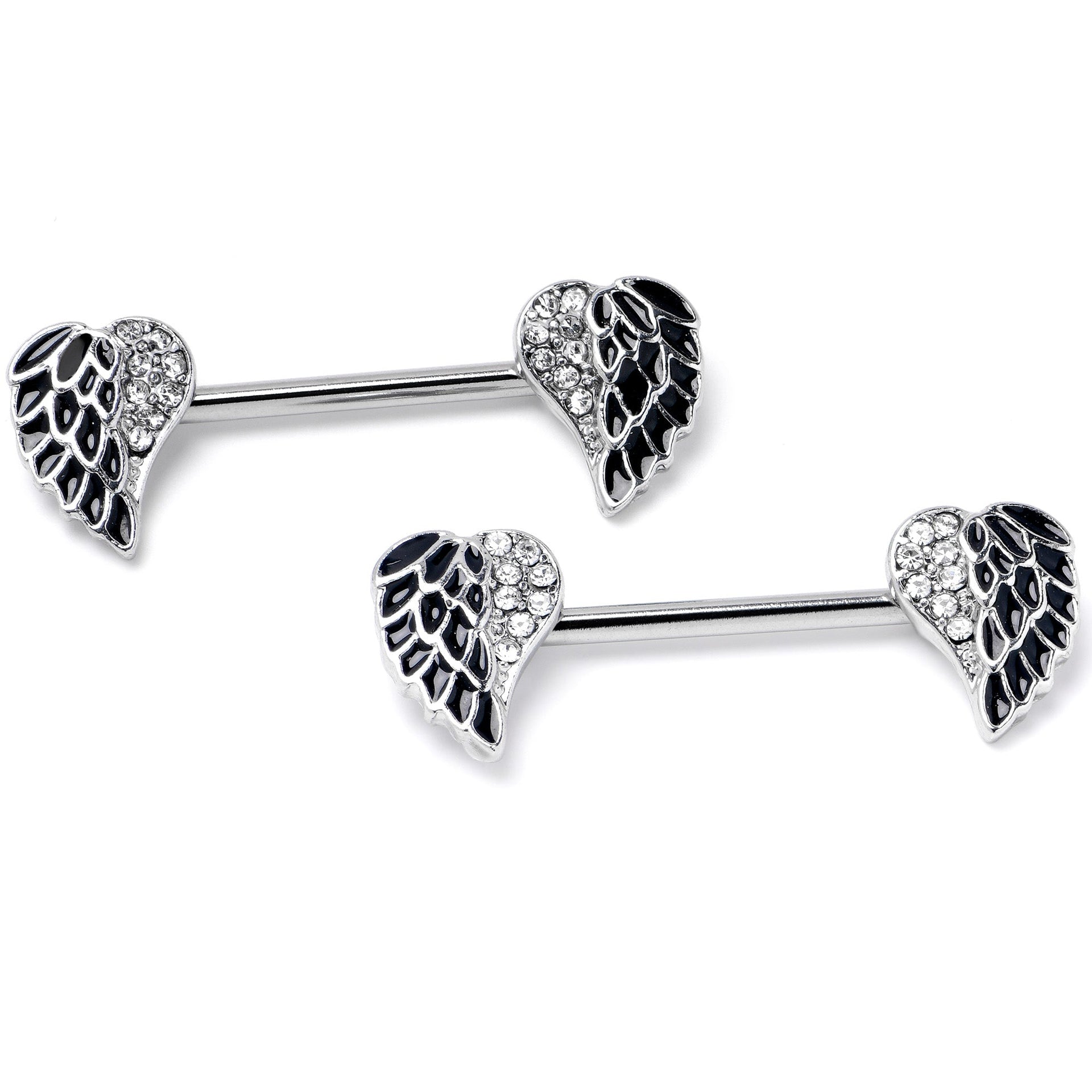 14G 9/16 Clear Gem Heavenly Heart Angel Wing Black Nipple Ring Set