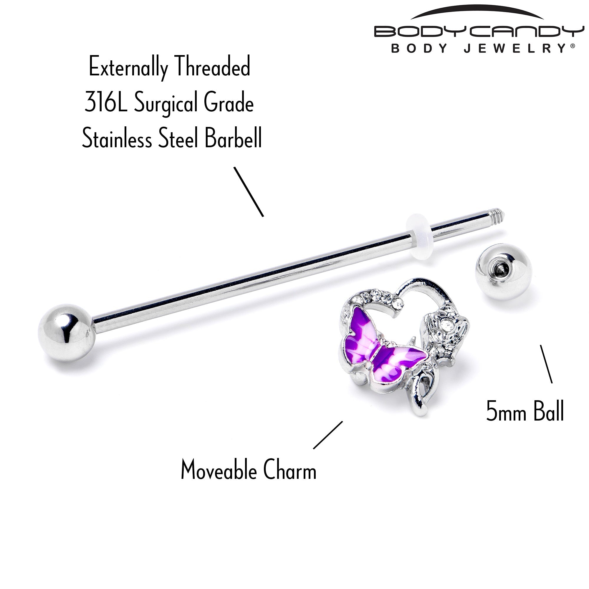 14G Clear Gem Butterfly Rose Flower Purple Industrial Barbell 38mm