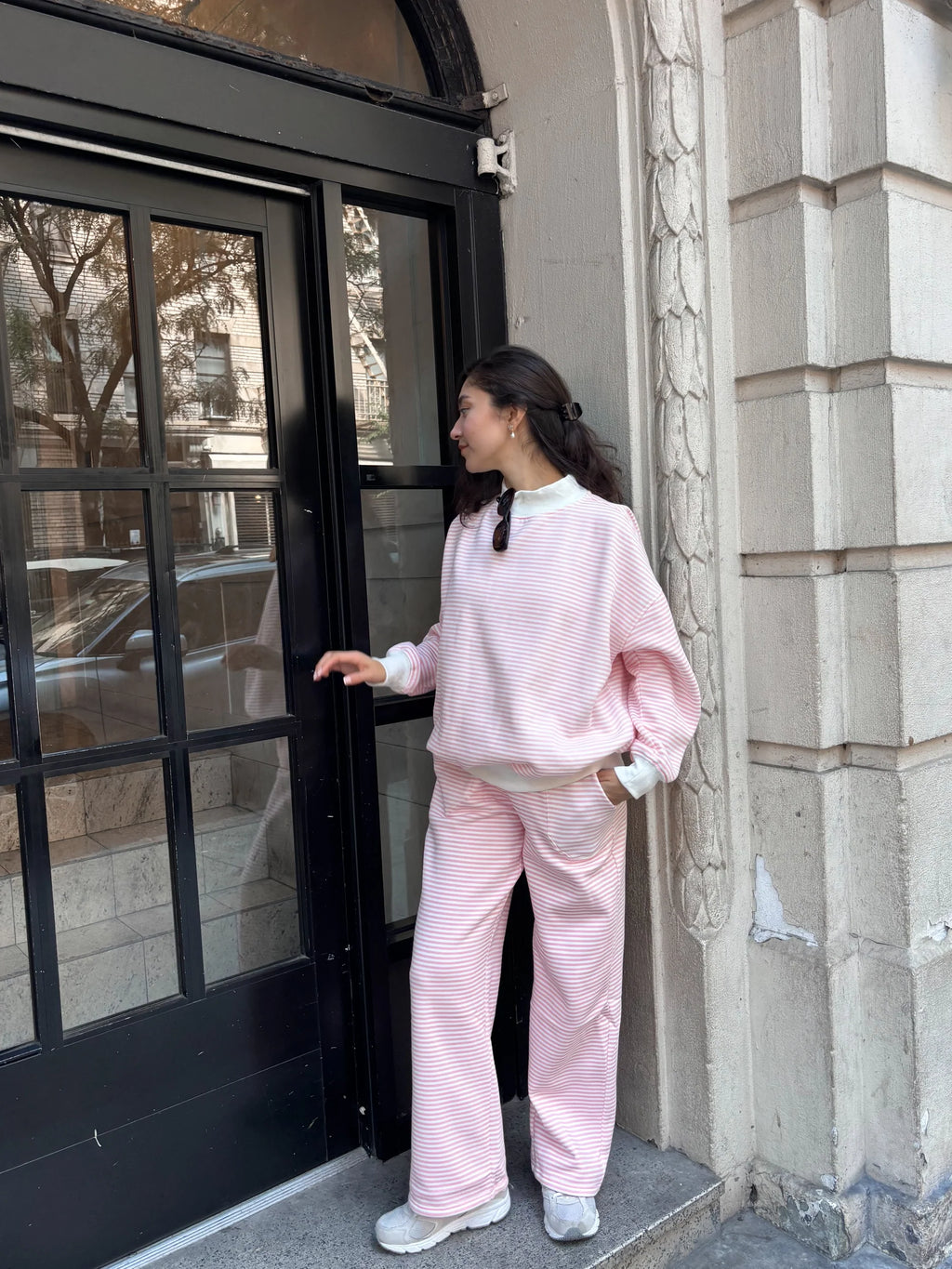 Light Pink and White Striped Unisex Sweatpants Lounge Bottoms