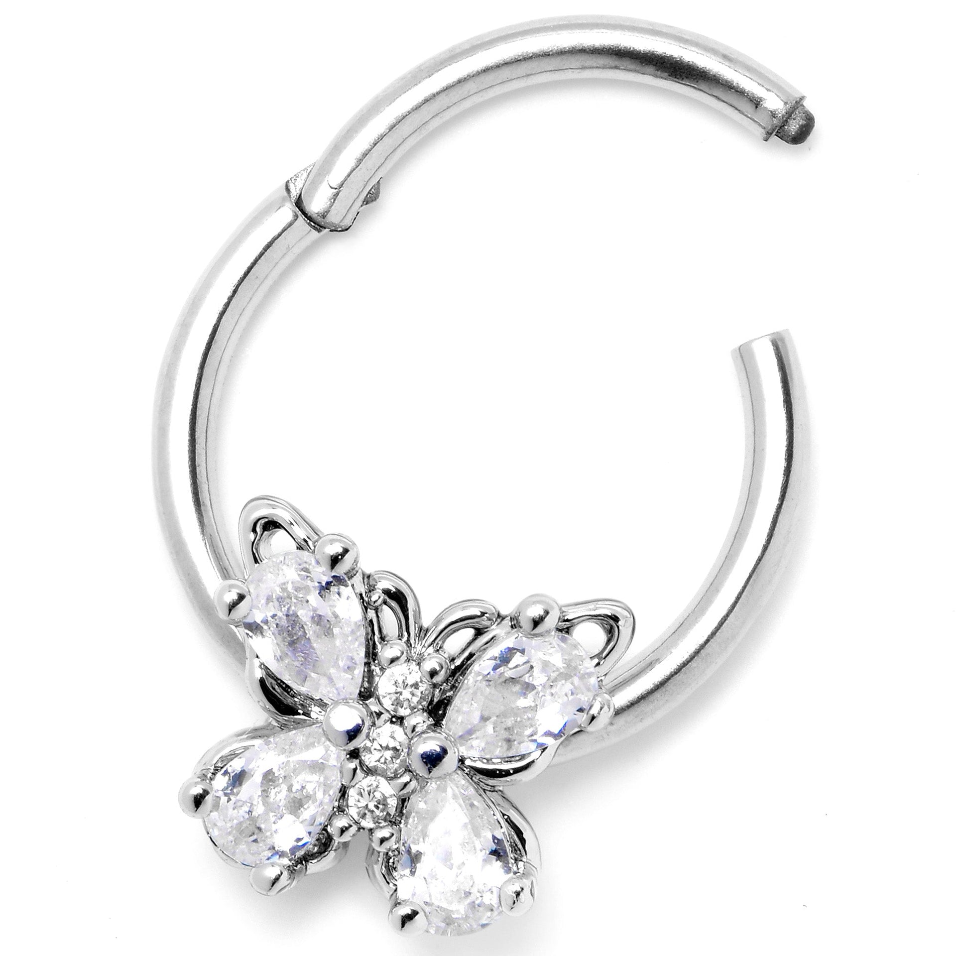 16G 3/8 Clear Gem Baroque Beauty Butterfly Hinged Segment Ring