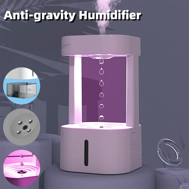 Anti-gravity water drop humidifier with 580ML tank, creating an optical illusion of water flowing upward for home or office.