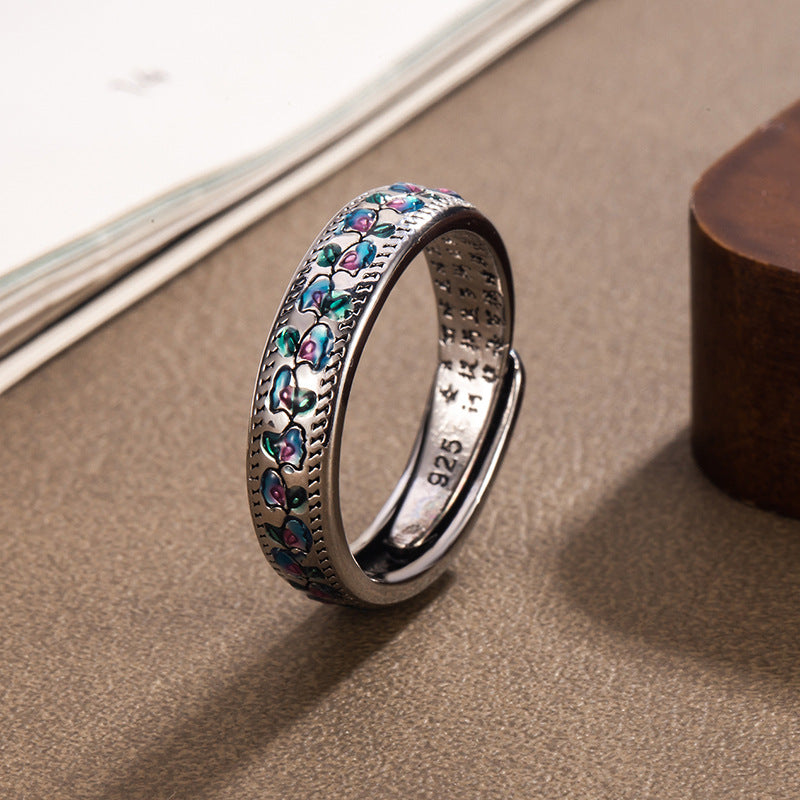 Seven-Color Traditional Enamel Sutra Ring With Apricot-Leaf Vine Pattern