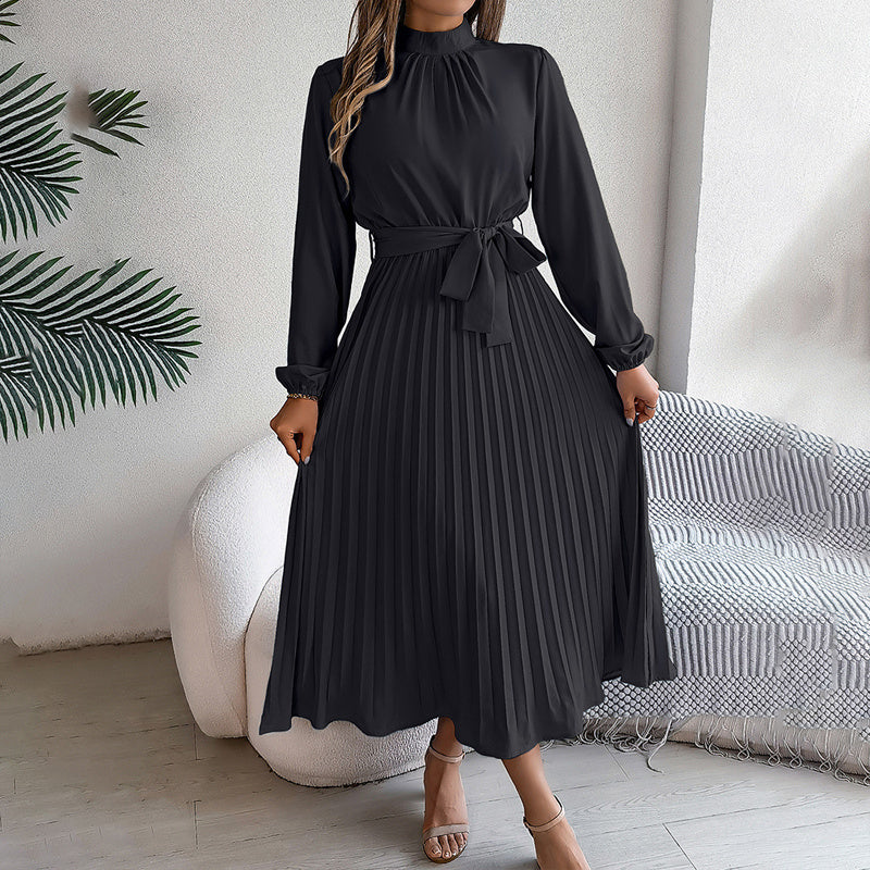 High Neck Pleated Long Sleeve Maxi Dress in Light Blue & Maroon
