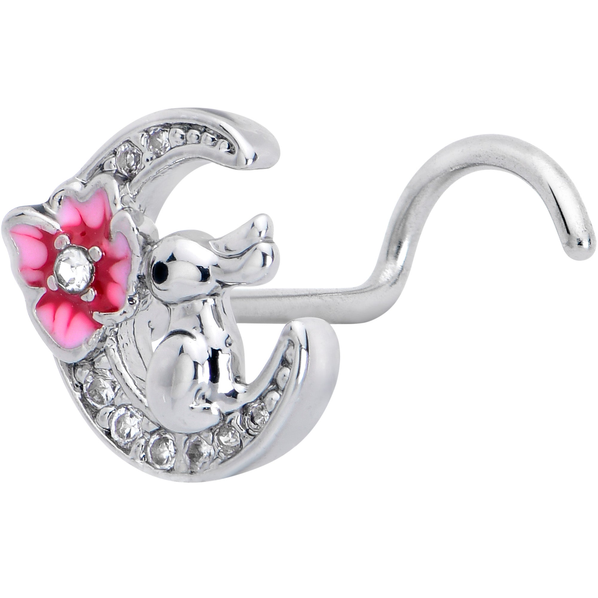 20G 7mm Clear CZ Gem Rabbit On The Moon Pink Left Side Nose Screw