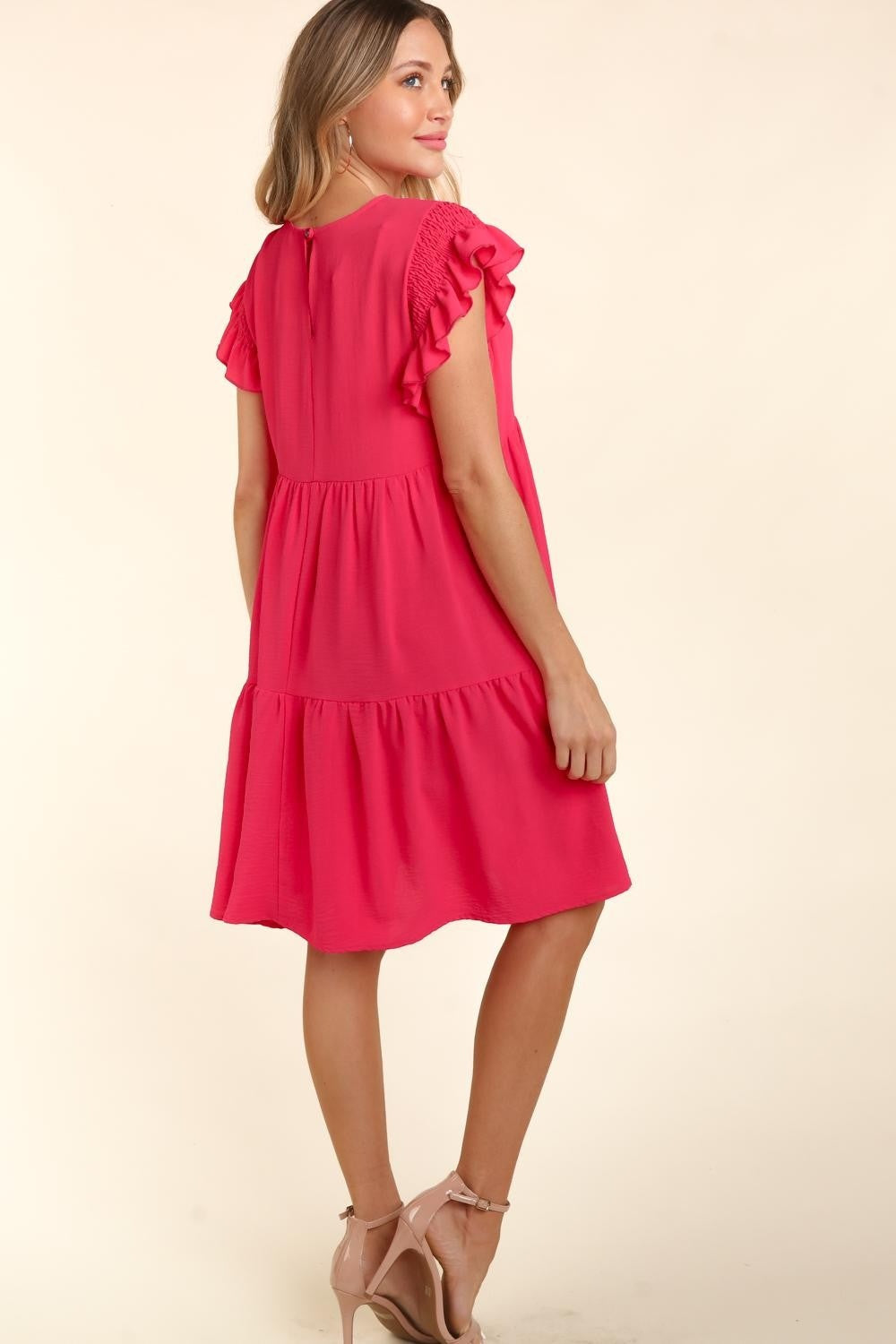 Smocked Ruffle Short Sleeve Dress with Pockets in Hot Pink