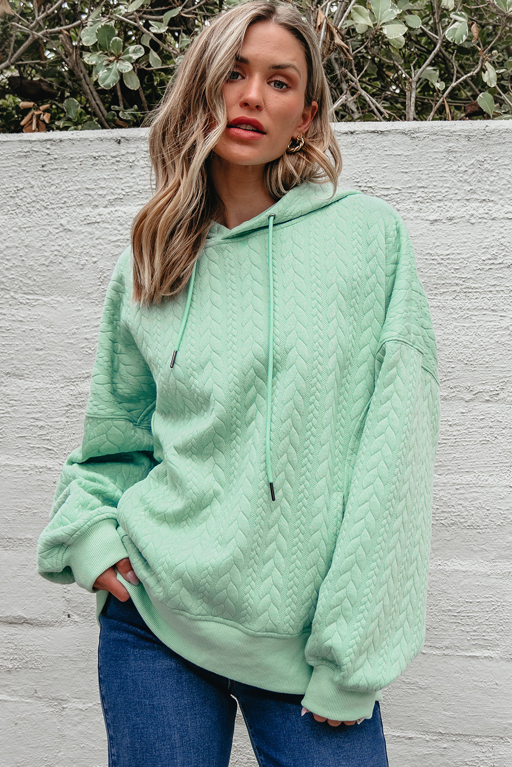 Moonlight Jade Cable Textured Baggy Hoodie