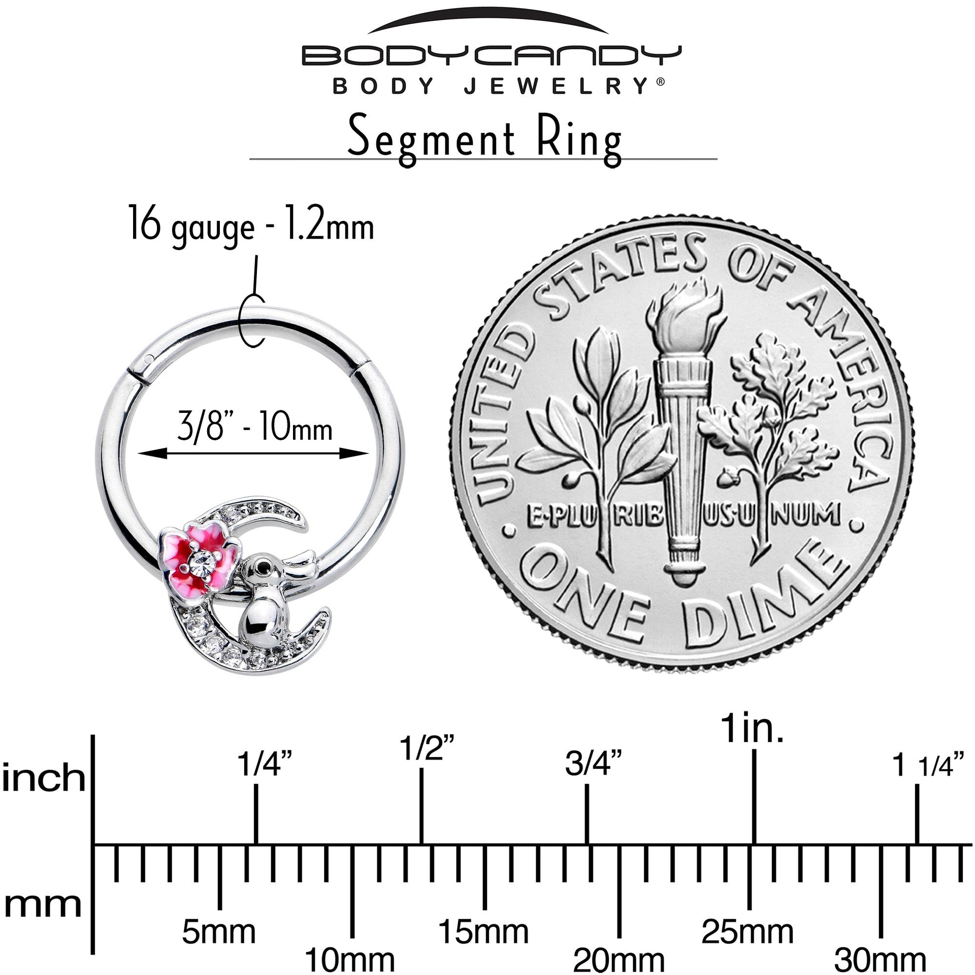 16G 3/8 Clear CZ Gem Rabbit On The Moon Pink Hinged Segment Ring