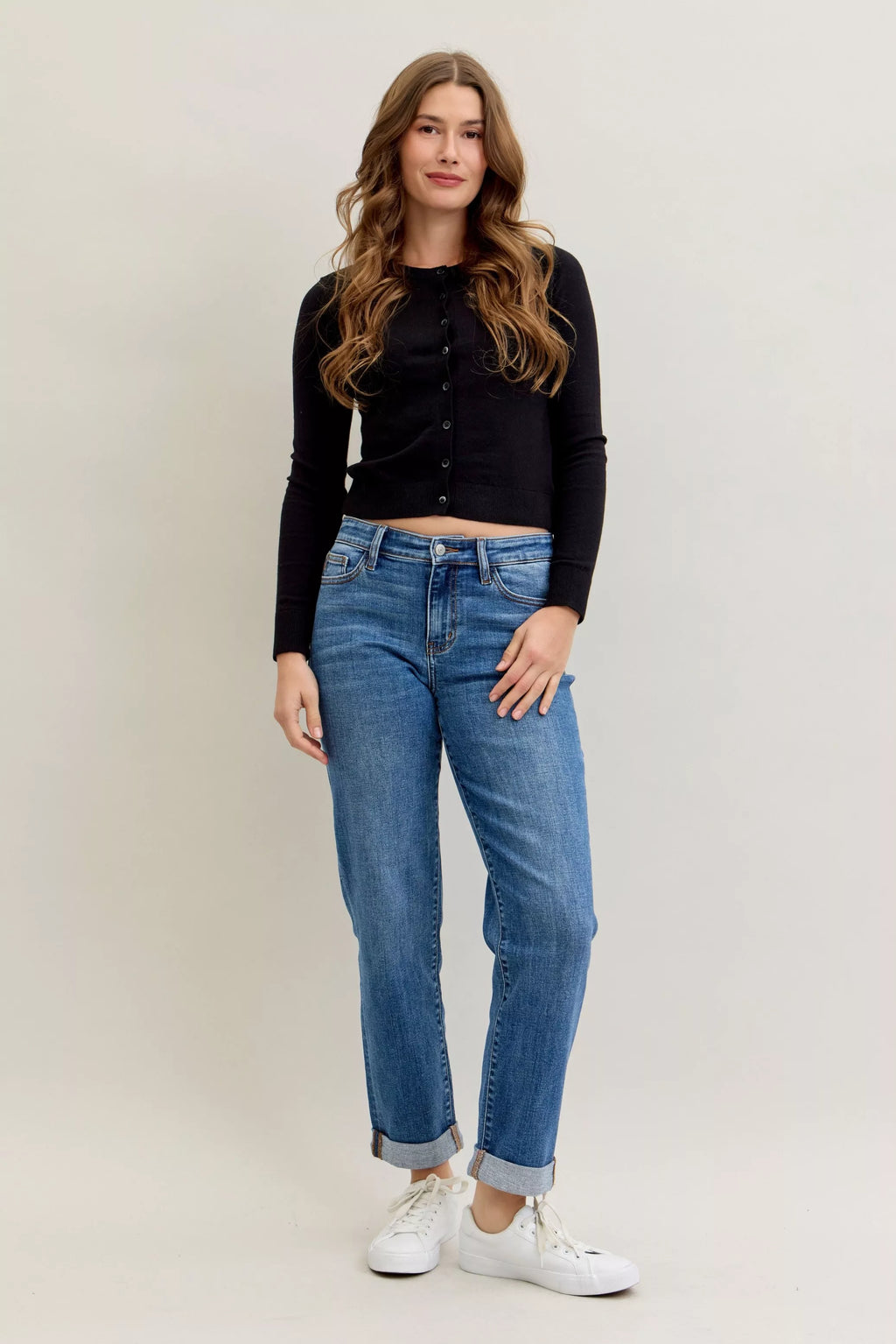 Judy Blue Mid Rise Boyfriend Cuffed Jeans | Stretch Denim