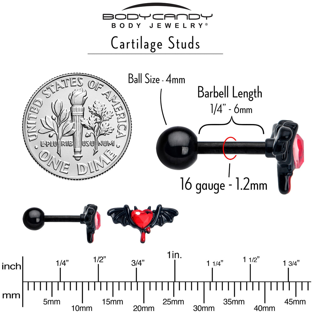 16G 1/4 Red Gem Black Bleeding Heart Bat Cartilage Tragus Earring