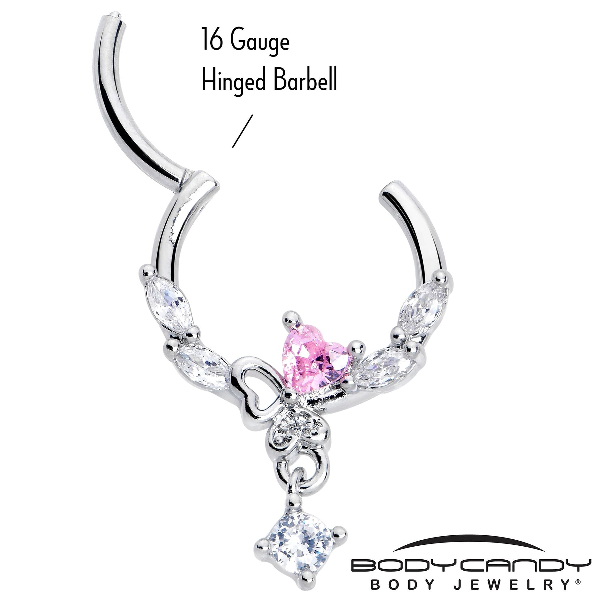 16G 3/8 Pink CZ Gem Butterfly Heart Dangle Hinged Segment Ring
