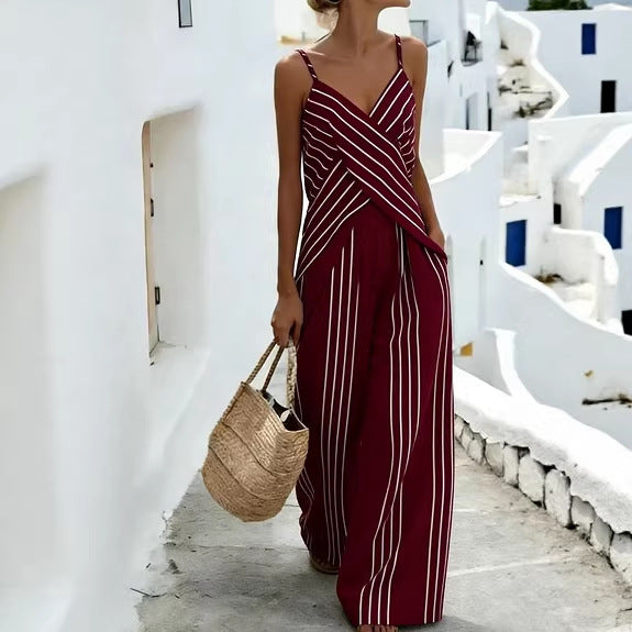 Women's Striped V-Neck Sleeveless Two-Piece Set White Black - Image 5
