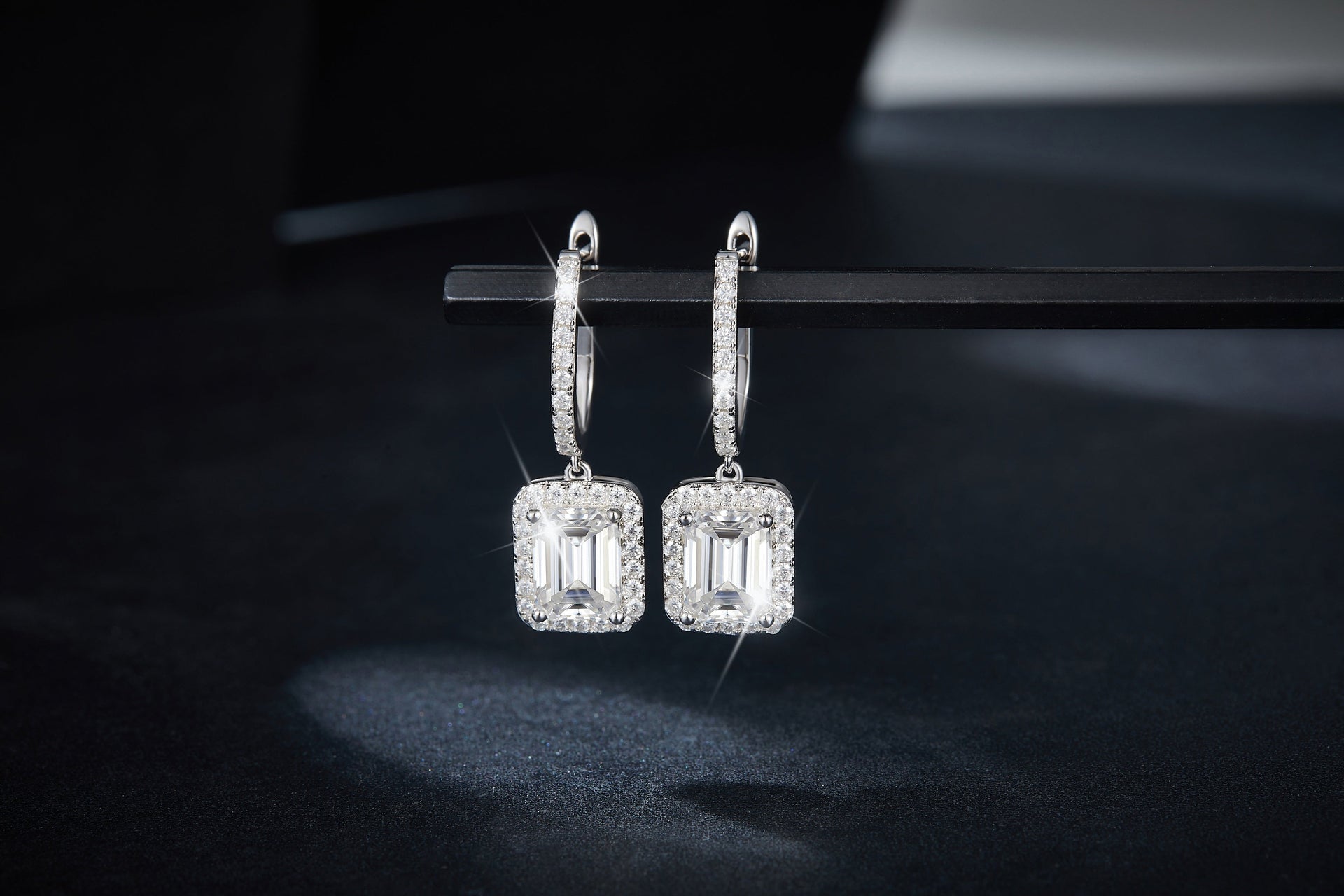 Emerald Cut Moissanite Halo Hoop Earrings in S925 Sterling Silver