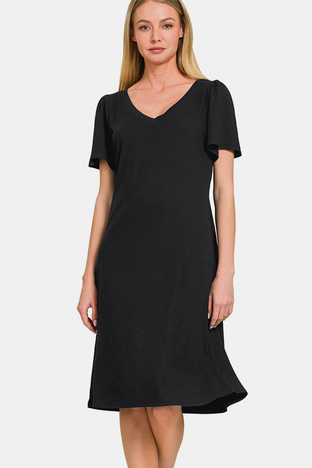 A classic, solid black short sleeve dress with a V-neckline.