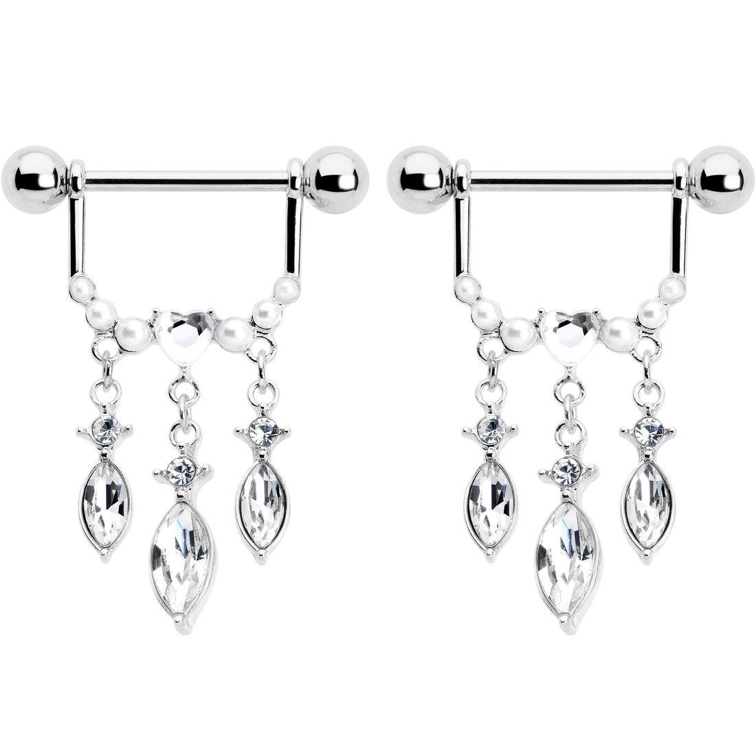 14G 9/16 Clear Gem Heart Triple Drop Dangle Nipple Ring Set