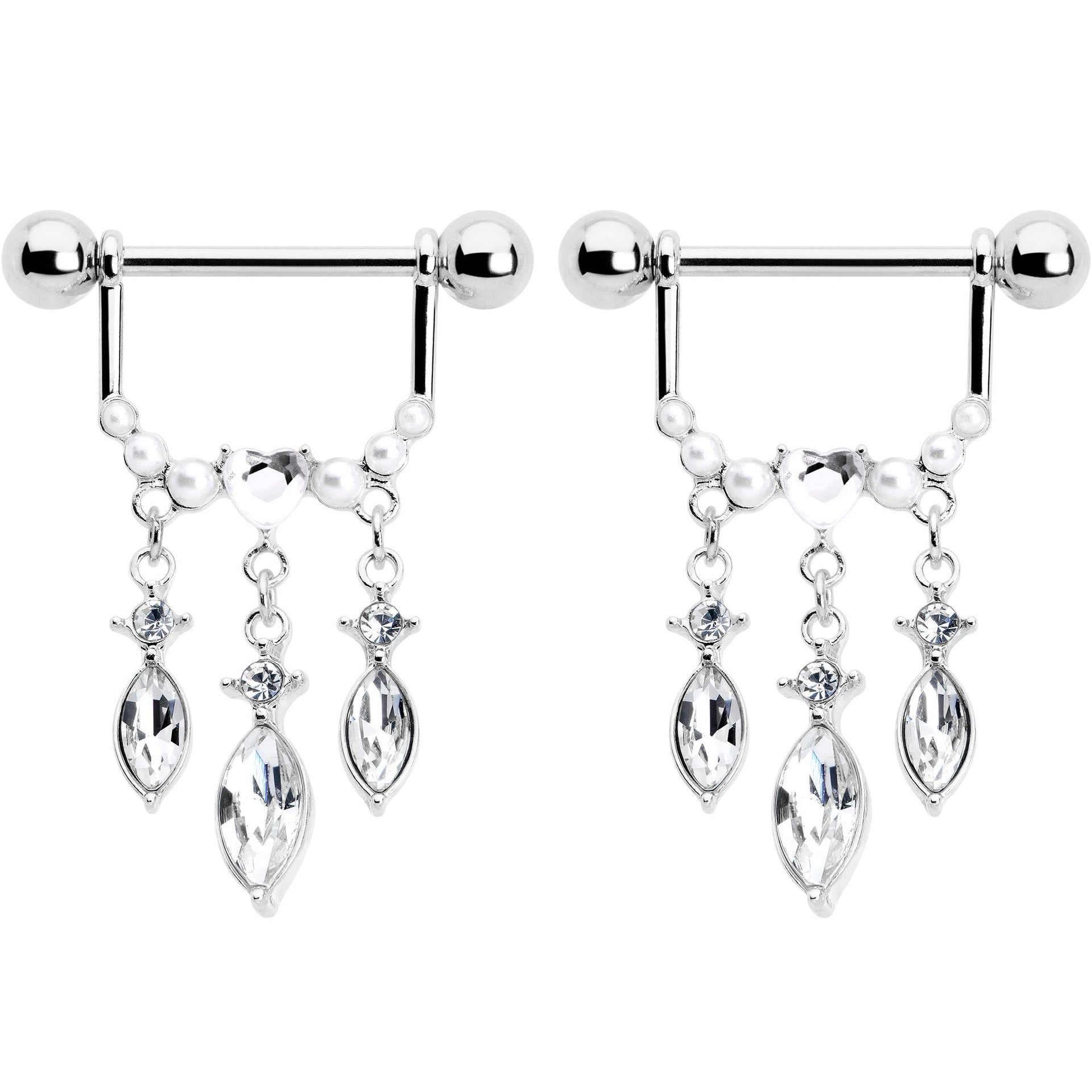 14G 9/16 Clear Gem Heart Triple Drop Dangle Nipple Ring Set