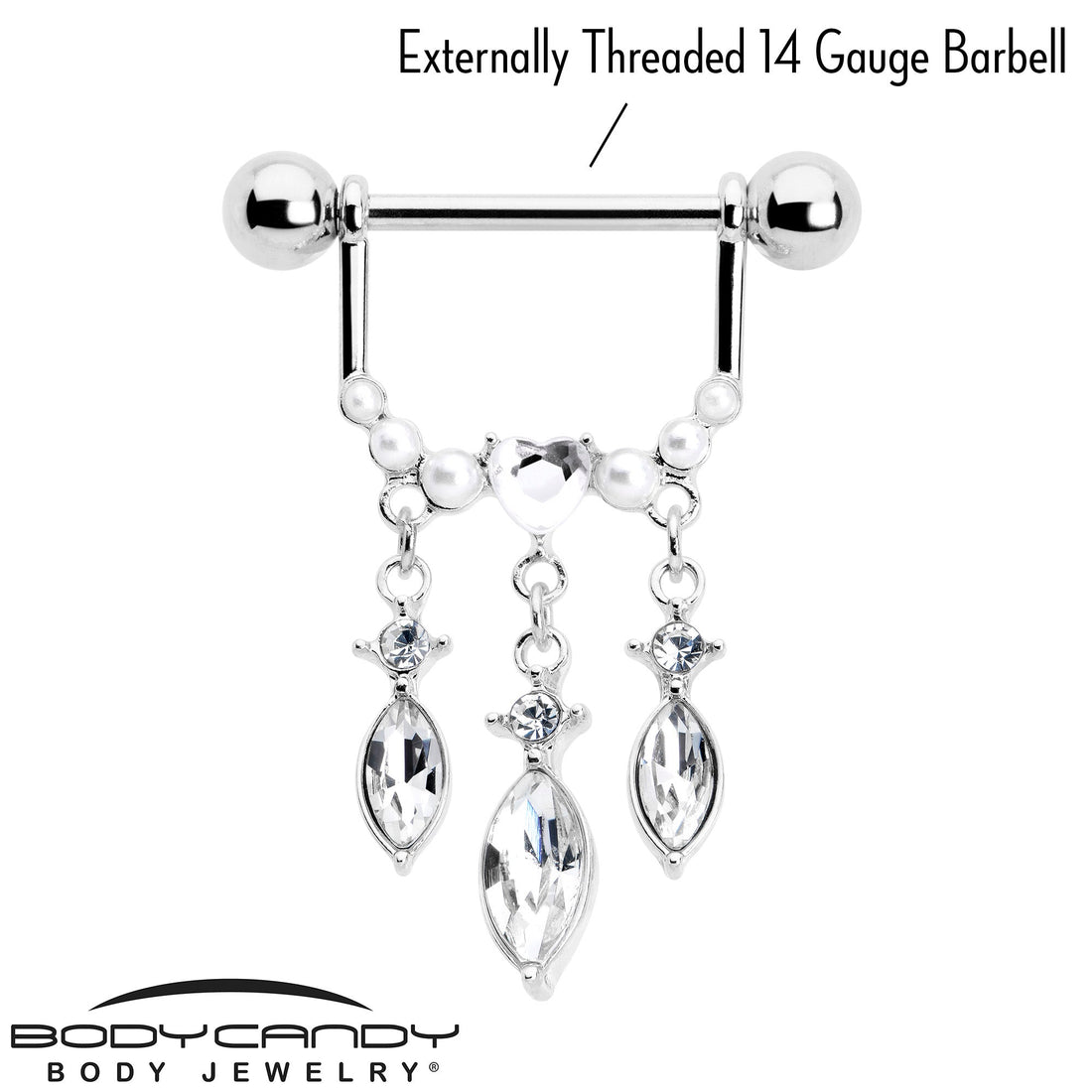 14G 9/16 Clear Gem Heart Triple Drop Dangle Nipple Ring Set