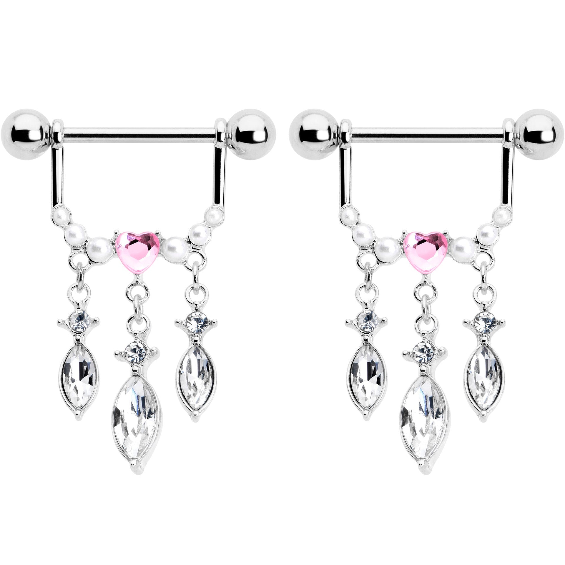 14G 9/16 Pink Gem Heart Triple Drop Dangle Nipple Ring Set